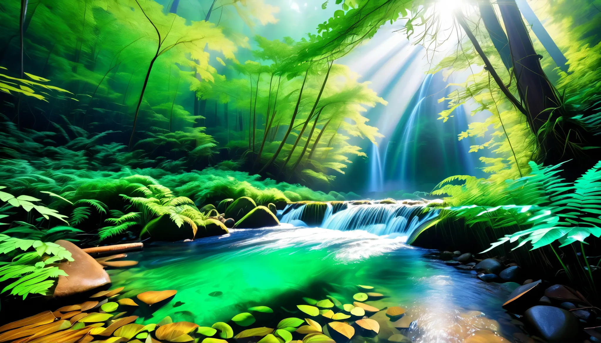 Clear Stream,Big waterfall,(Clear Stream in the Forest:1.5),(A stream with a large amount of water flows through the virgin forest where you can see a very large waterfall:1.5),(A stream with a lot of water flows through the:1.5),(realistic expression:1.5)...