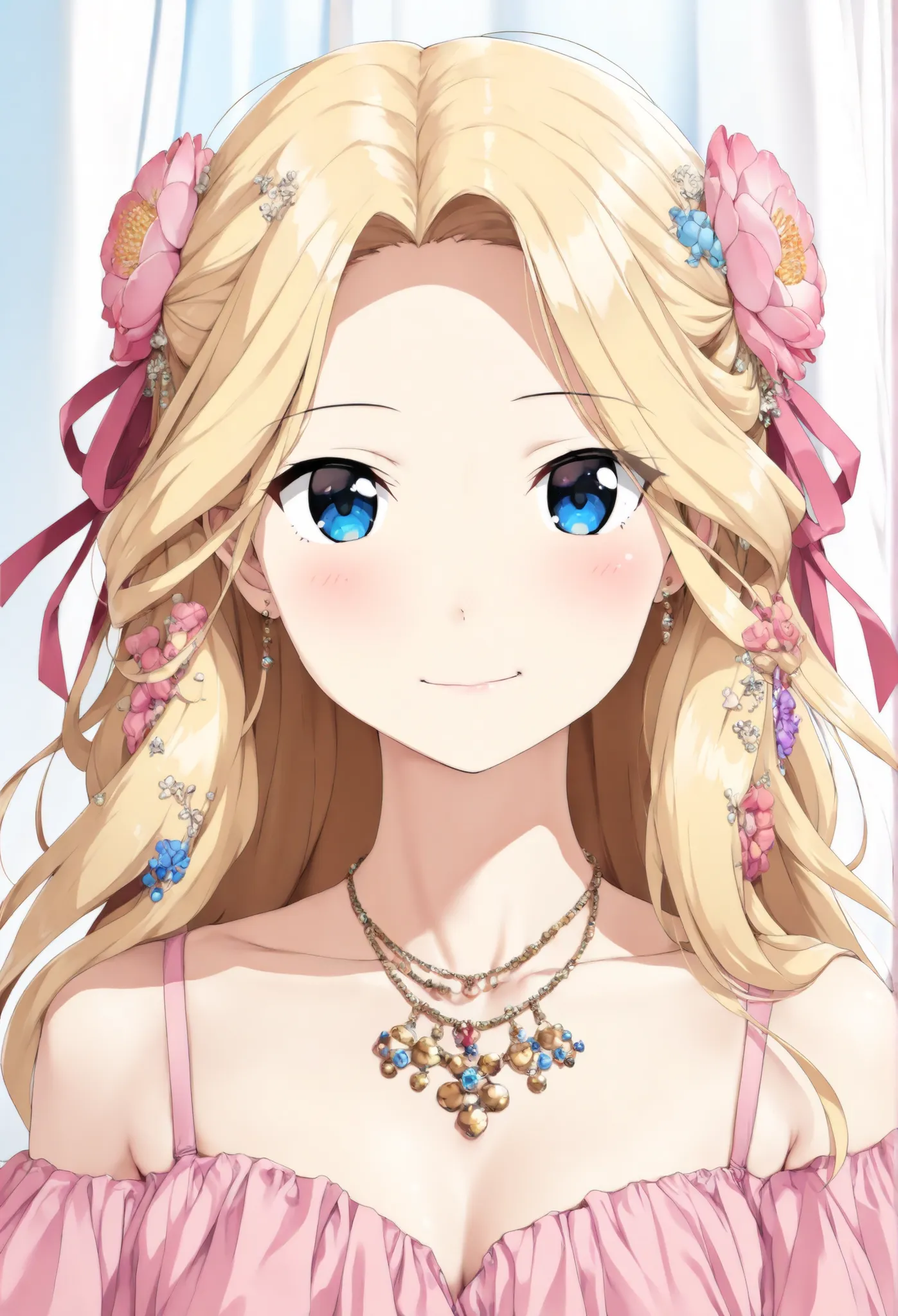 (best quality,highres,masterpiece:1.2),ultra-detailed,beautiful portrait,anime style,Pink top,flowers in hair,rosy color palette,soft lighting