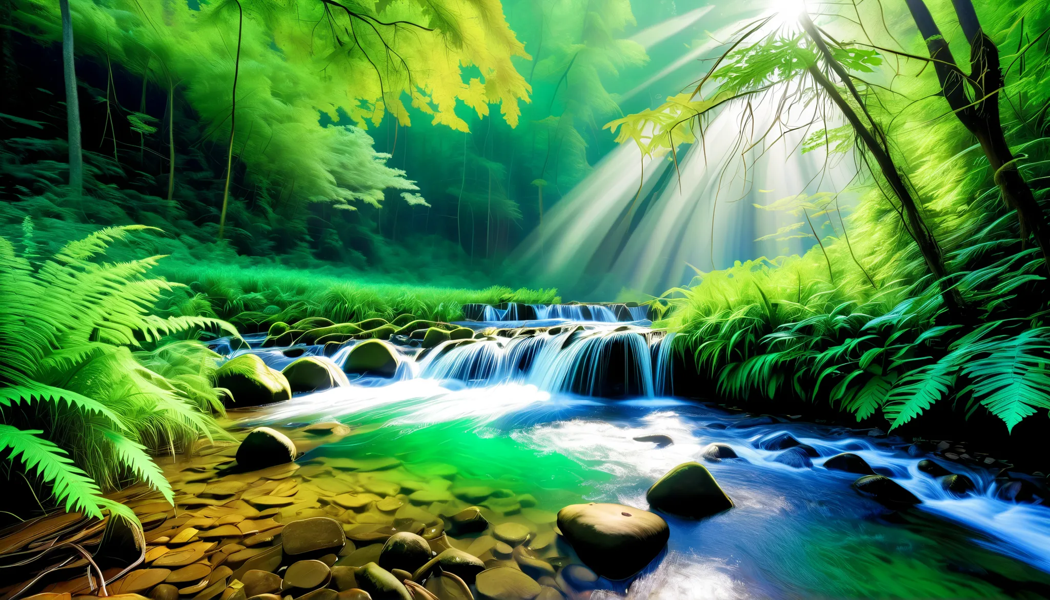 Clear Stream,Big waterfall,(Clear Stream in the Forest:1.5),(A stream with a large amount of water flows through the virgin forest where you can see a very large waterfall:1.5),(A stream with a lot of water flows through the:1.5),(realistic expression:1.5)...