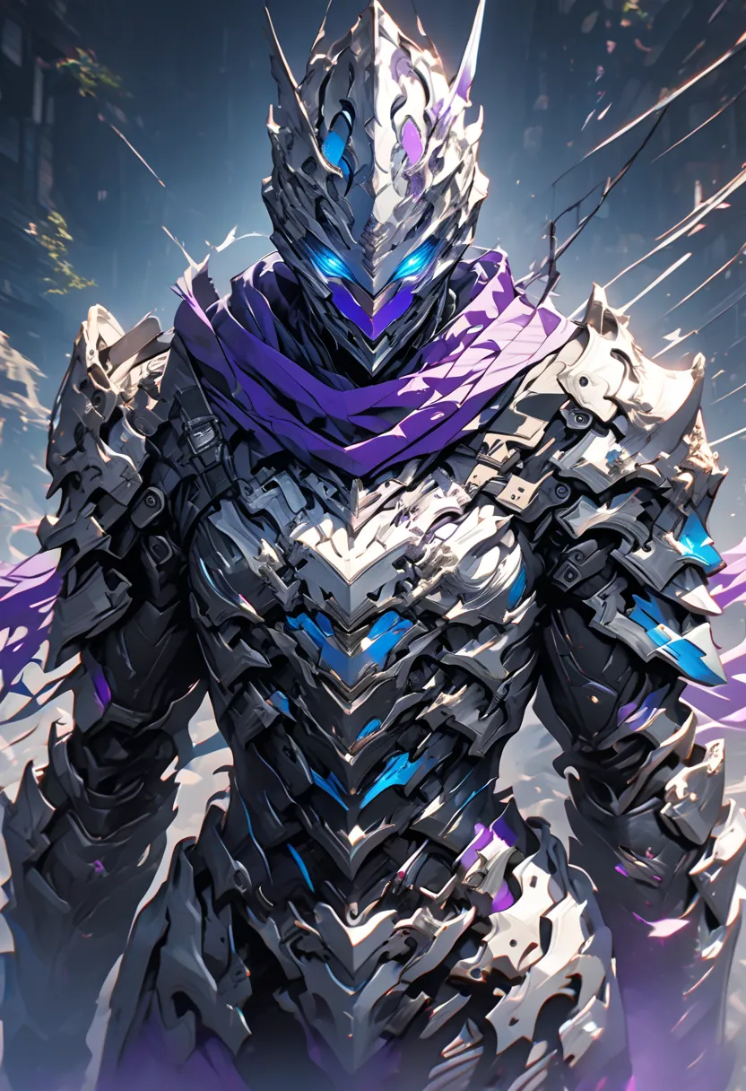 Make an image of the armor with a white base color and black accents on some parts of the body, in the stripes in bright purple, in the eyes are bright blue, and then it is armor that no one has worn yet 