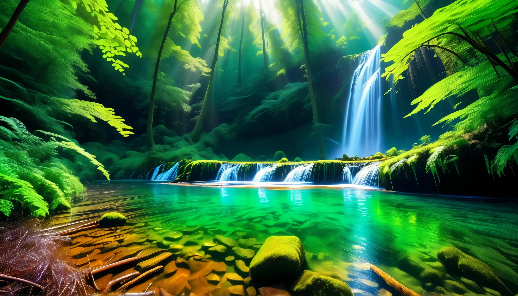 (Clear Stream in the Forest:1.5),(Multiple beautiful and mysterious waterfalls can be seen in the back:1.5),(realistic expression:1.5),(Super Realism:1.5),A beam of light is emitted from the waterfall, Mysterious Forest Lagoon, Magical forest background, M...