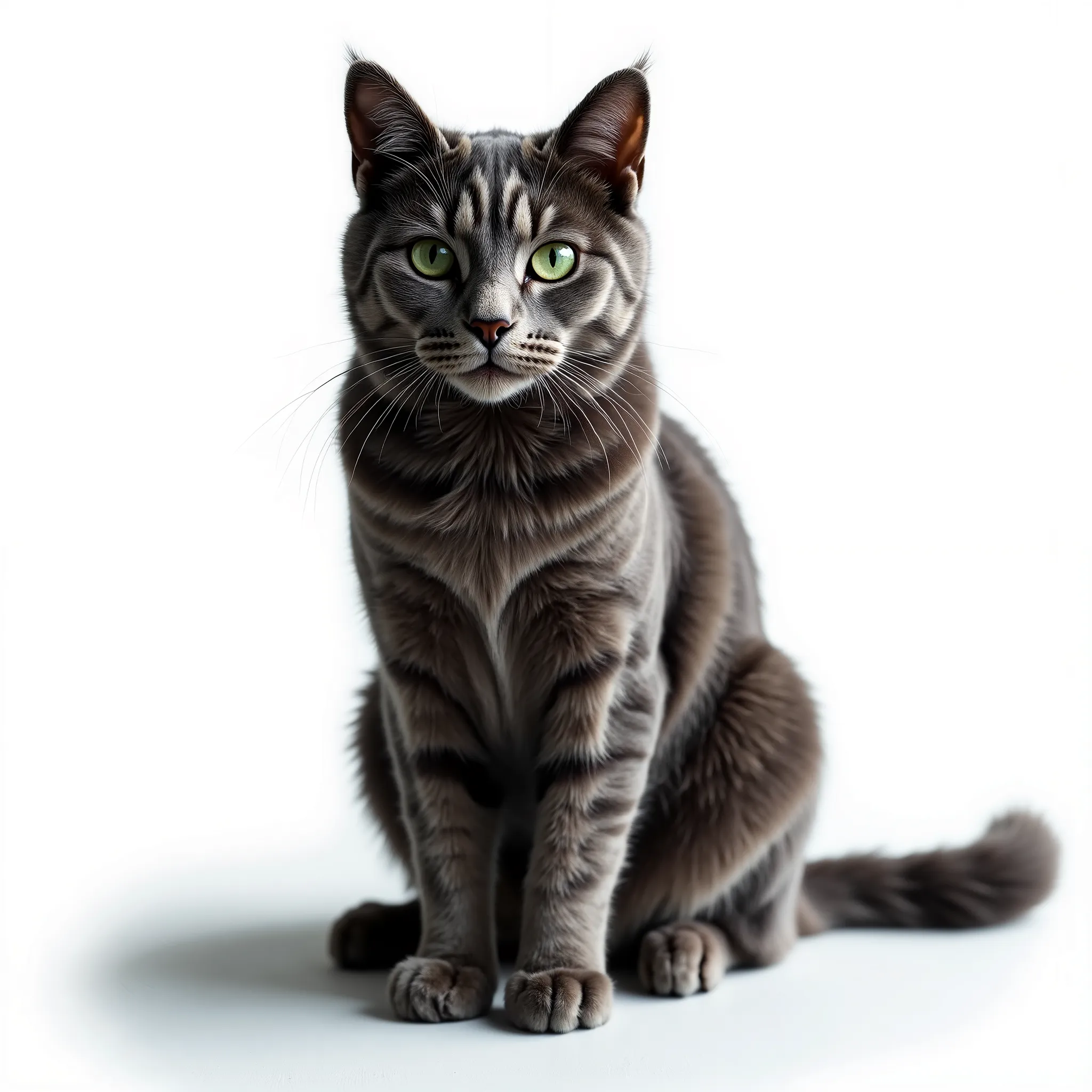 Russian blue cat sitting on a white background looking directly at the camera