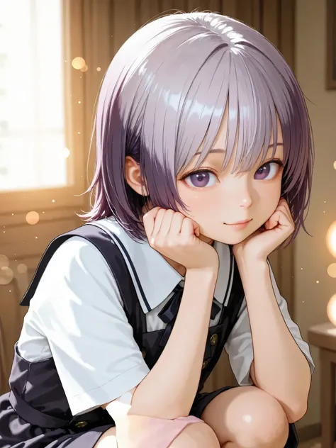 short girl, is young, flat chested,realisticな外観, big purple eyes, Two-tone purple hair and gray hair、 women's uniform、squatting、細部にこだわったrealisticな影、movie stills, High Quality, realistic, 4K rendering, ultra-fine texture, professional , bright color, Bokeh
