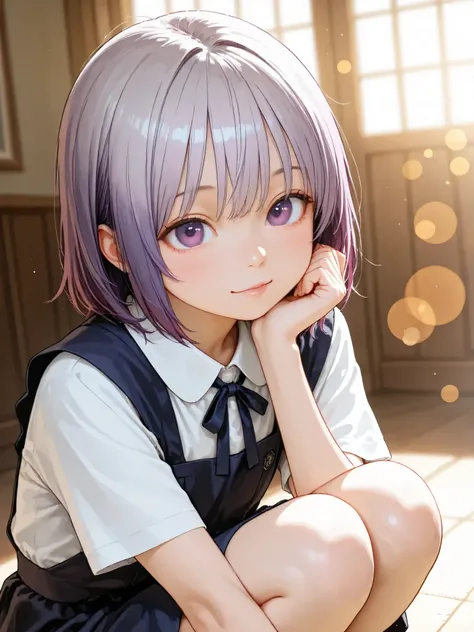 short girl, is young, flat chested,realisticな外観, big purple eyes, Two-tone purple hair and gray hair、 women's uniform、squatting、細部にこだわったrealisticな影、movie stills, High Quality, realistic, 4K rendering, ultra-fine texture, professional , bright color, Bokeh