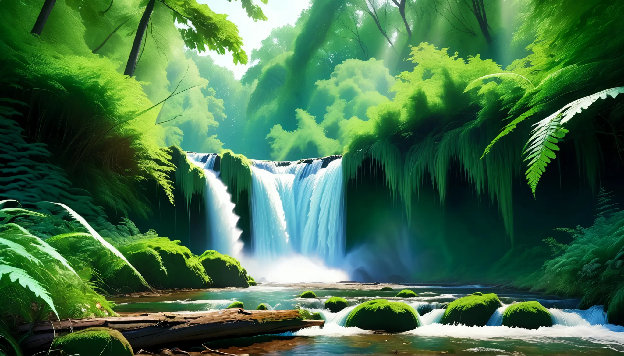 (Clear Stream Splash:1.5),(in the forest You can see multiple beautiful, mysterious, and large waterfalls:1.5),(realistic expression:1.5),(Super Realism:1.5),