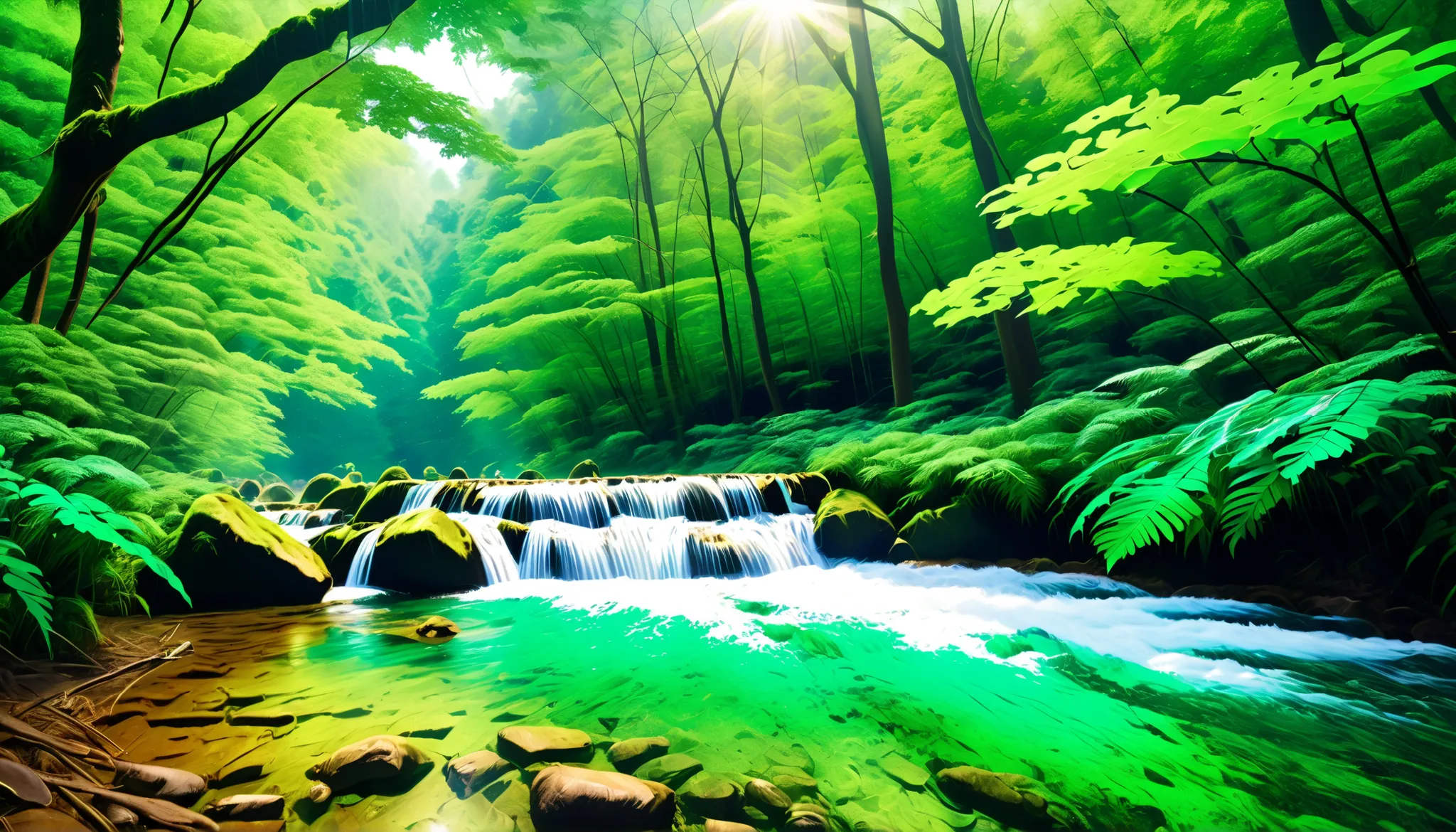 (森の中の清流Clear Stream Splash:1.5),(in the forest You can see multiple beautiful, mysterious, and large waterfalls:1.5),(realistic expression:1.5),(Super Realism:1.5),(Beautiful emerald green river water:1.5),