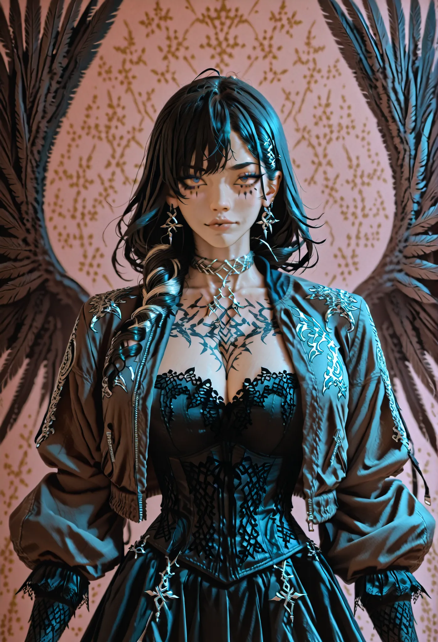A striking portrait of a rogue witch with a modern twist — she has short, choppy black hair with streaks of neon violet, dark eyeliner that wings like a raven’s flight, and a crescent moon tattoo under one eye. Her outfit blends gothic and streetwear: a bl...