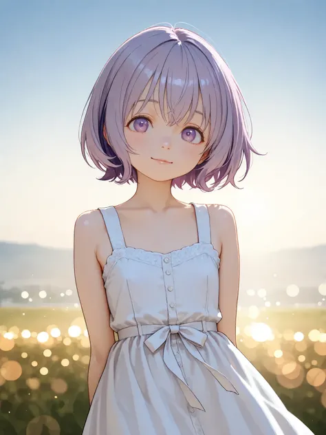 short girl, is young, flat chested,realisticな外観, big purple eyes, Two-tone purple hair and gray hair、dress、Stand up Peace、Outdoors、 Compa、細部にこだわったrealisticな影、movie stills, High Quality, realistic, 4K rendering, ultra-fine texture, professional , bright col...