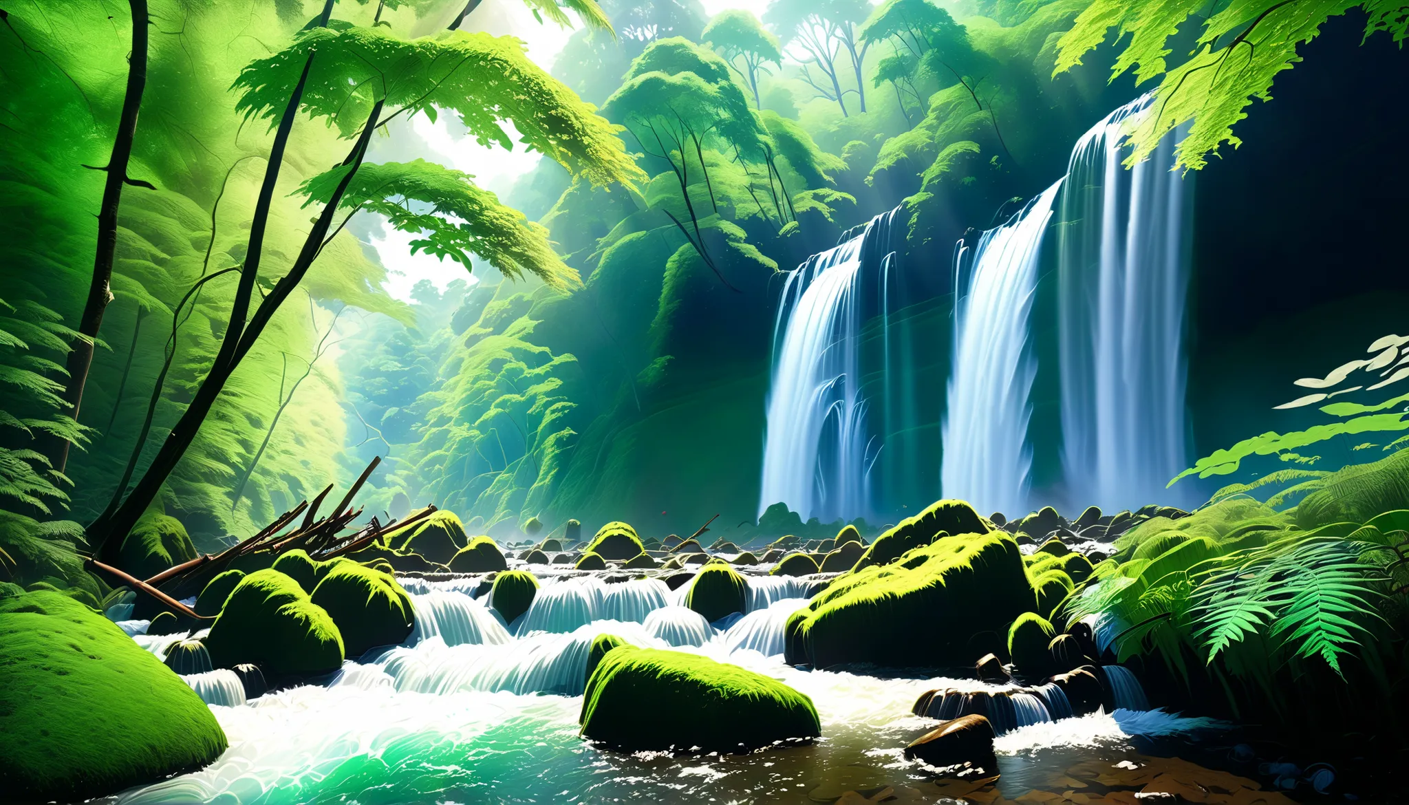 (森の中の清流Clear Stream Splash:1.5),(in the forest You can see multiple beautiful, mysterious, and large waterfalls:1.5),(realistic expression:1.5),(Super Realism:1.5),