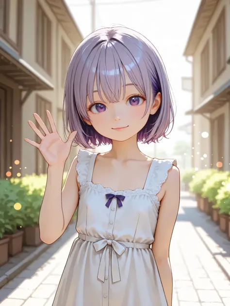 short girl, is young, flat chested,realisticな外観, big purple eyes, Two-tone purple hair and gray hair、dress、waving hands、Outdoors、細部にこだわったrealisticな影、movie stills, High Quality, realistic, 4K rendering, ultra-fine texture, professional , bright color, Bokeh