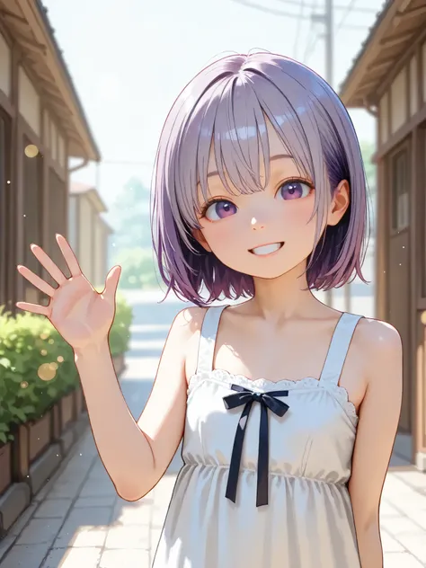 short girl, is young, flat chested,realisticな外観, big purple eyes, Two-tone purple hair and gray hair、dress、waving hands、Outdoors、細部にこだわったrealisticな影、movie stills, High Quality, realistic, 4K rendering, ultra-fine texture, professional , bright color, Bokeh