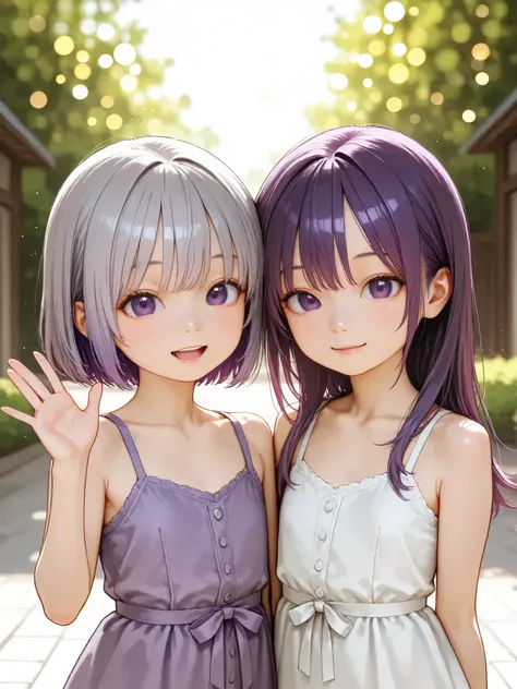 short girl, 2 girls,is young, flat chested,realisticな外観, big purple eyes, Two-tone purple hair and gray hair、dress、waving hands、Outdoors、細部にこだわったrealisticな影、movie stills, High Quality, realistic, 4K rendering, ultra-fine texture, professional , bright colo...