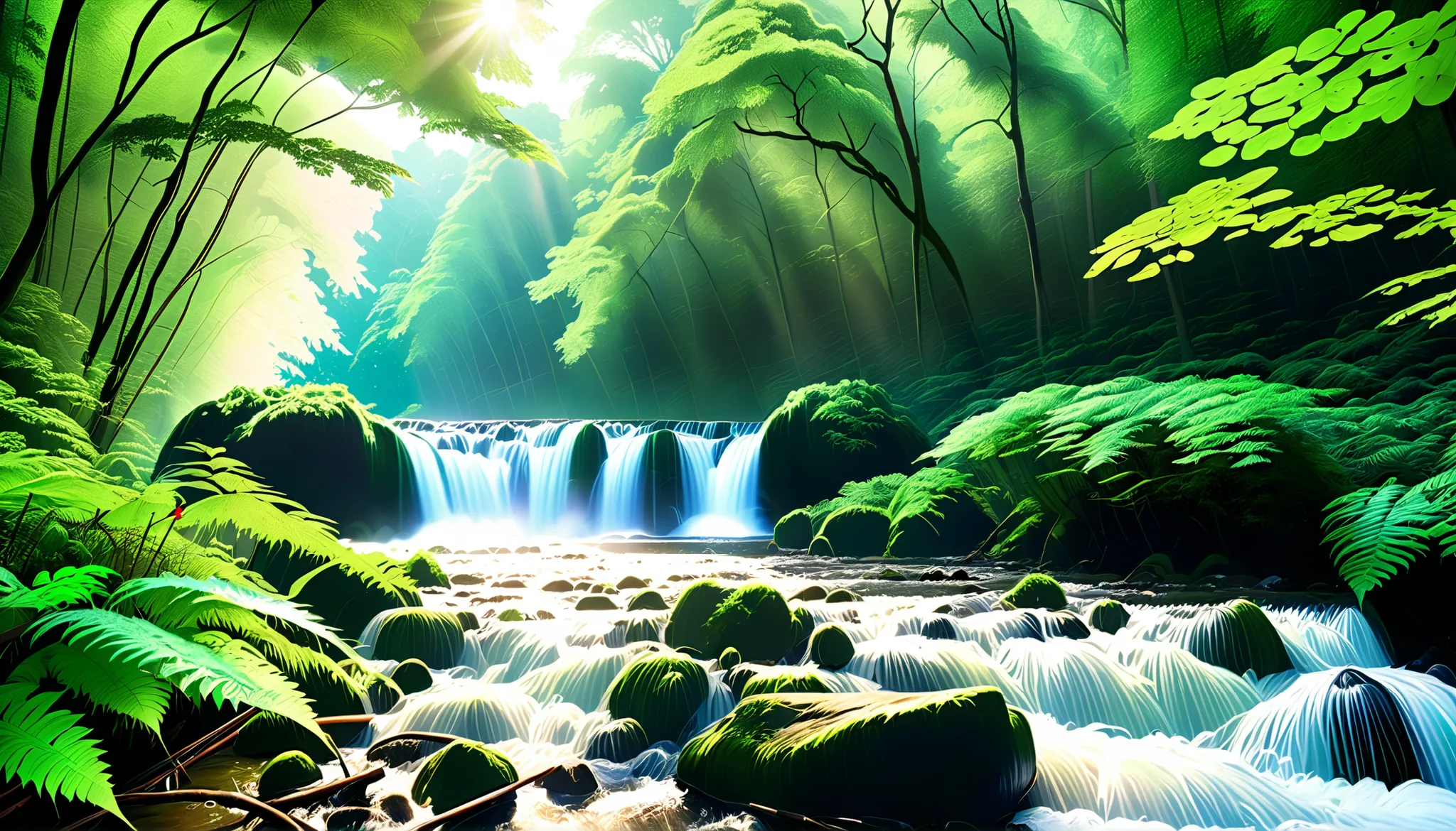 (森の中の清流Clear Stream Splash:1.5),(in the forest You can see multiple beautiful, mysterious, and large waterfalls:1.5),(realistic expression:1.5),(Super Realism:1.5),