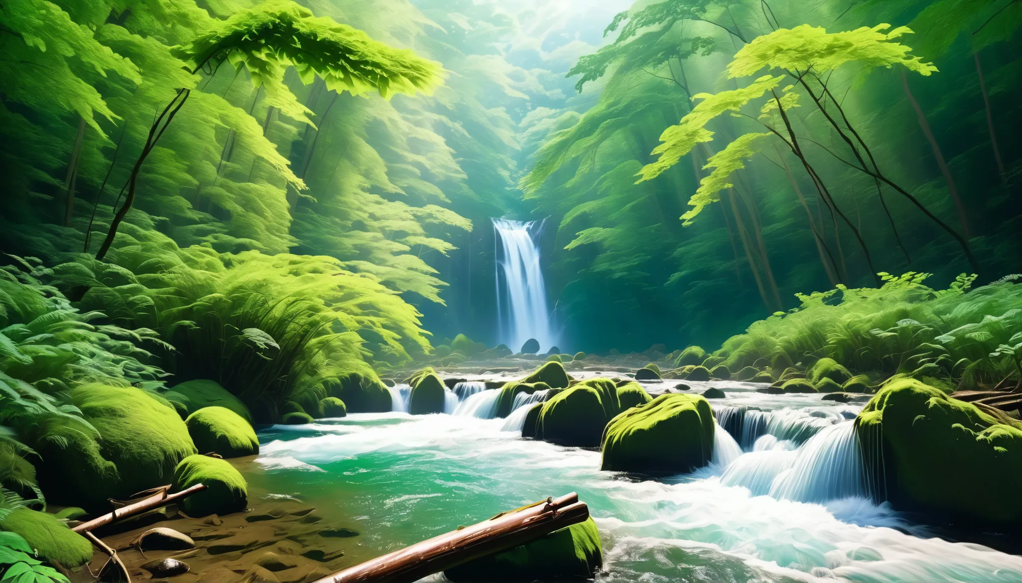 (森の中の清流Clear Stream Splash:1.5),(in the forest You can see multiple beautiful, mysterious, and large waterfalls:1.5),(realistic expression:1.5),(Super Realism:1.5),