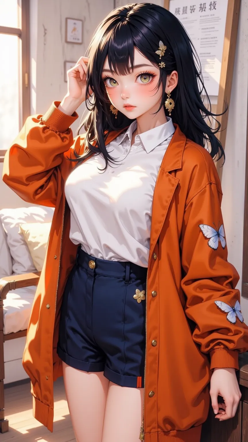 full body,((最High Quality、masterpiece、anime style、最High Quality、High resolution、【8k、Details 、ultra-Details :1.3))、long legs:1.2, Beautiful Women with Perfect Style:1.Grinding :1.2),  Double Eyelids、21-year-old Japanese woman、Tsukauchi、March３Japanese woman、: 168cm 、Slim body、((((Single Girl ,beautiful face,beautiful face、)))、High resolution, [Accurate, anatomically[Accurate, High resolutionモデル, High Quality, Very Details , ultra-high definition、Dark Hair、Long hair、[ A length 、Gold ring earrings、 Beautiful Eyebrows 、Green Eyes、emphasize、big and round eyes、Surprise Expression、 Double Eyelids、beautiful nose、Slightly plump thin lip、Moles on the right side of the lower lip、white chest cut stitched、Stylish orange jacket、Navy Blue Central Pleated Shorts、with white butterfly Knotted Shoes、 Slightly Big Breasts 、Slim hips、