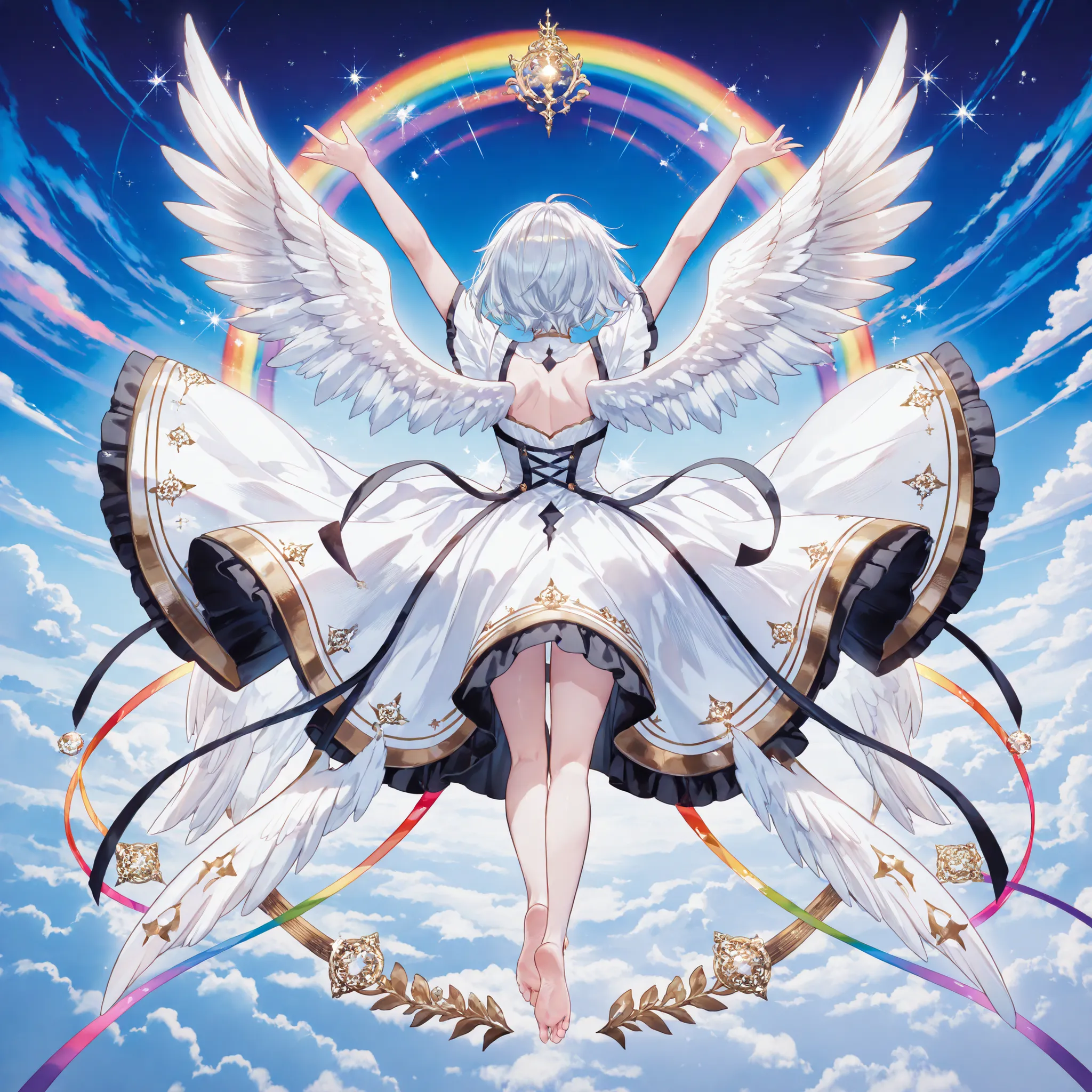 虹、下から煽り、bright blue sky, full daylight, soft white clouds, wide open sky, no extra sky elements, thick and bold rainbow, horizontal rainbow across the sky, vivid rainbow colors, rainbow stretching clearly from left to right, strong presence rainbow, person...