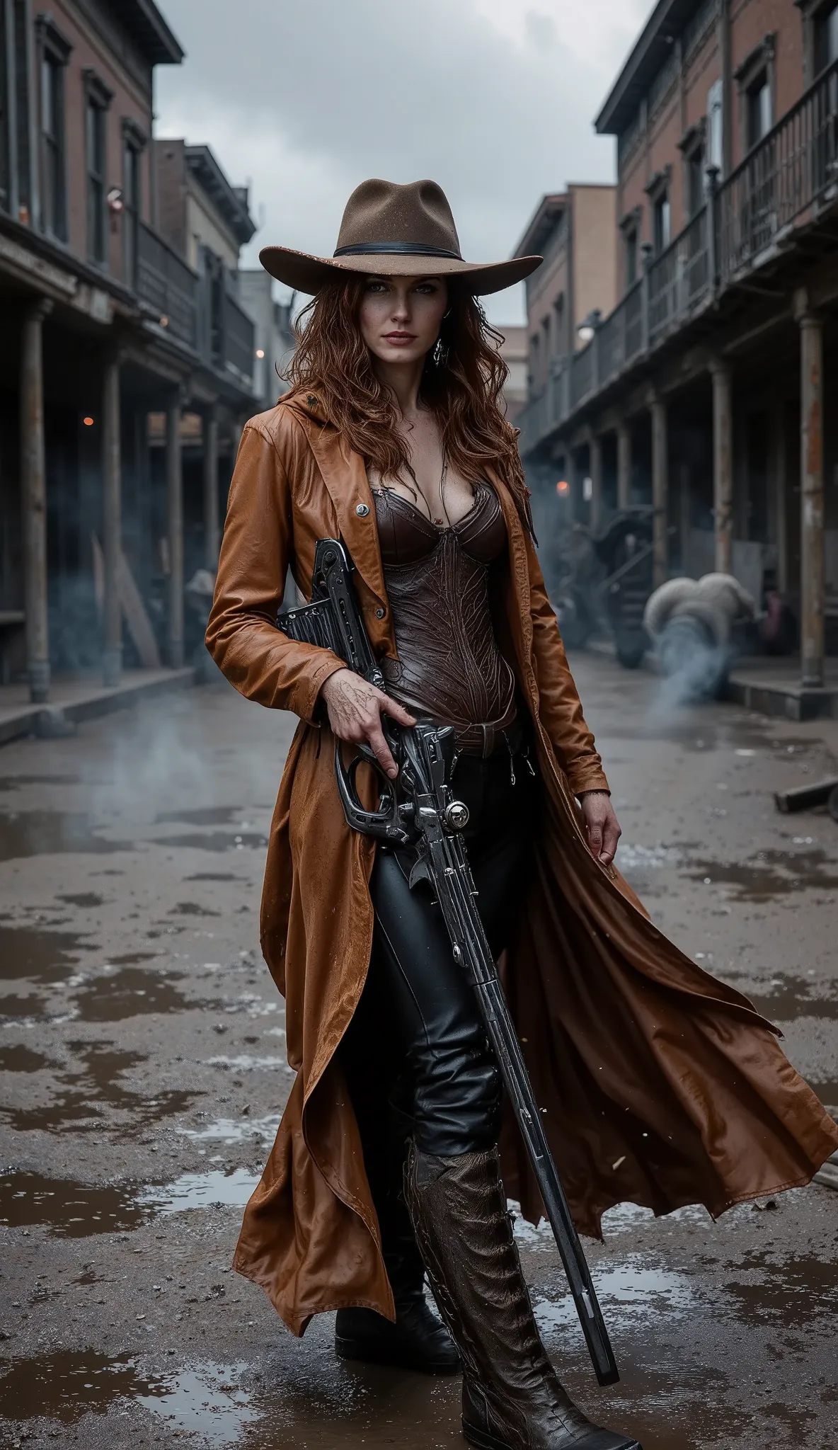A hyperrealistic, cinematic medium shot of a female Western gunslinger, standing alone in the muddy main street of a decaying frontier town. The atmosphere is dark and oppressive, with storm clouds looming above and fog rolling through the dirt pathways. S...