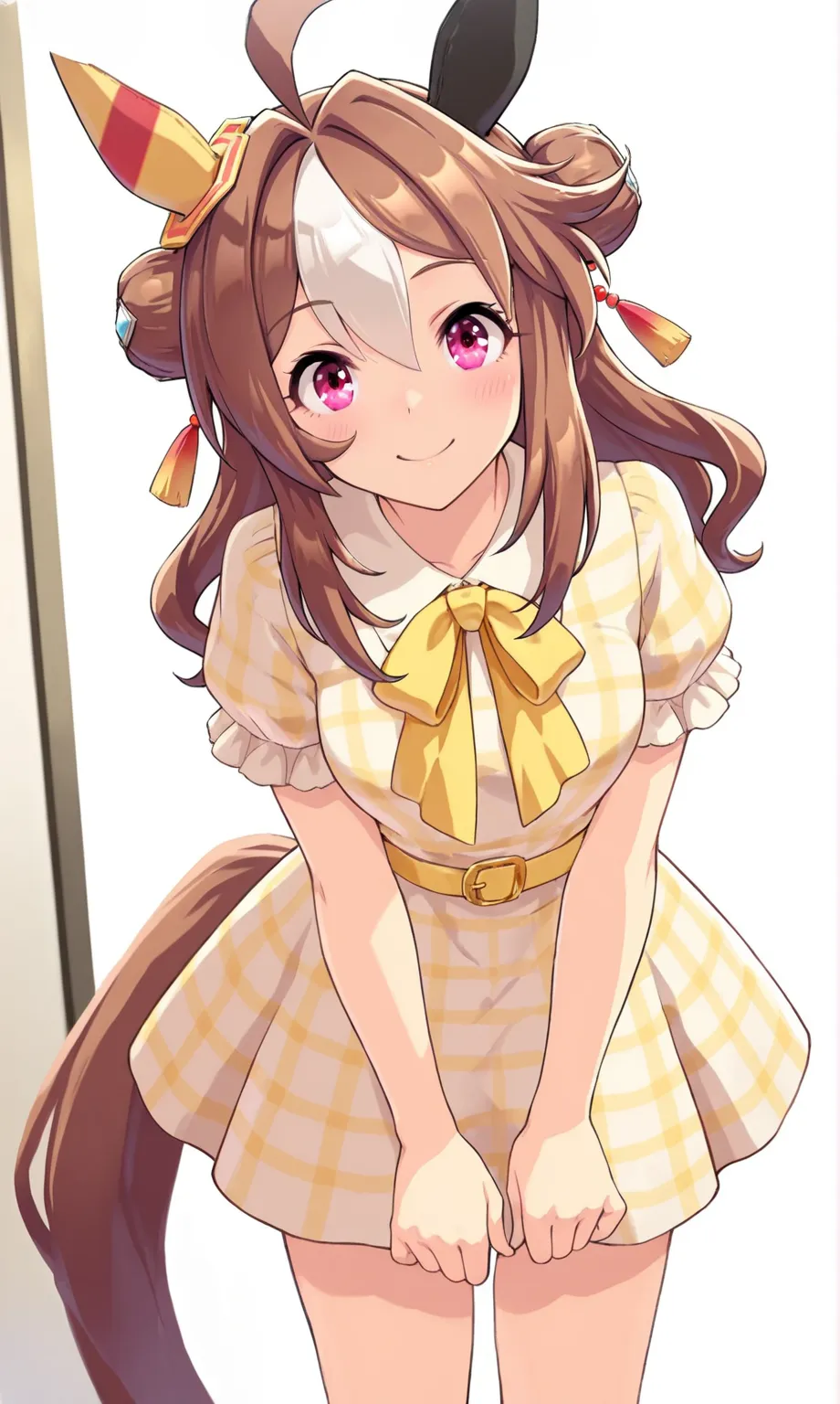 1girl, solo, masterpiece, best quality, good hands, anatomically correct, very aesthetic, smile, copano rickey \(umamusume\), horse tail, horse ears, yellow shoes, cream socks, casual, frilled puffy short sleeves, yellow bowtie, yellow belt, hair ribbon, asymmetrical ear covers, plaid dress, smile, blush, cowboy shot, bare legs, straight-on