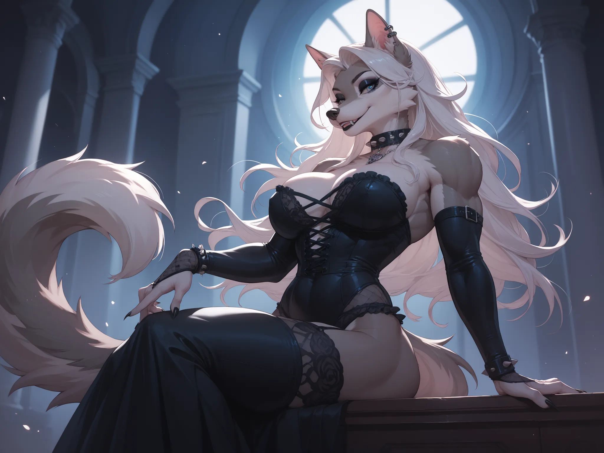 Very gothic Wolf girl,furry,very tall,large, beautiful, muscular, bulky
