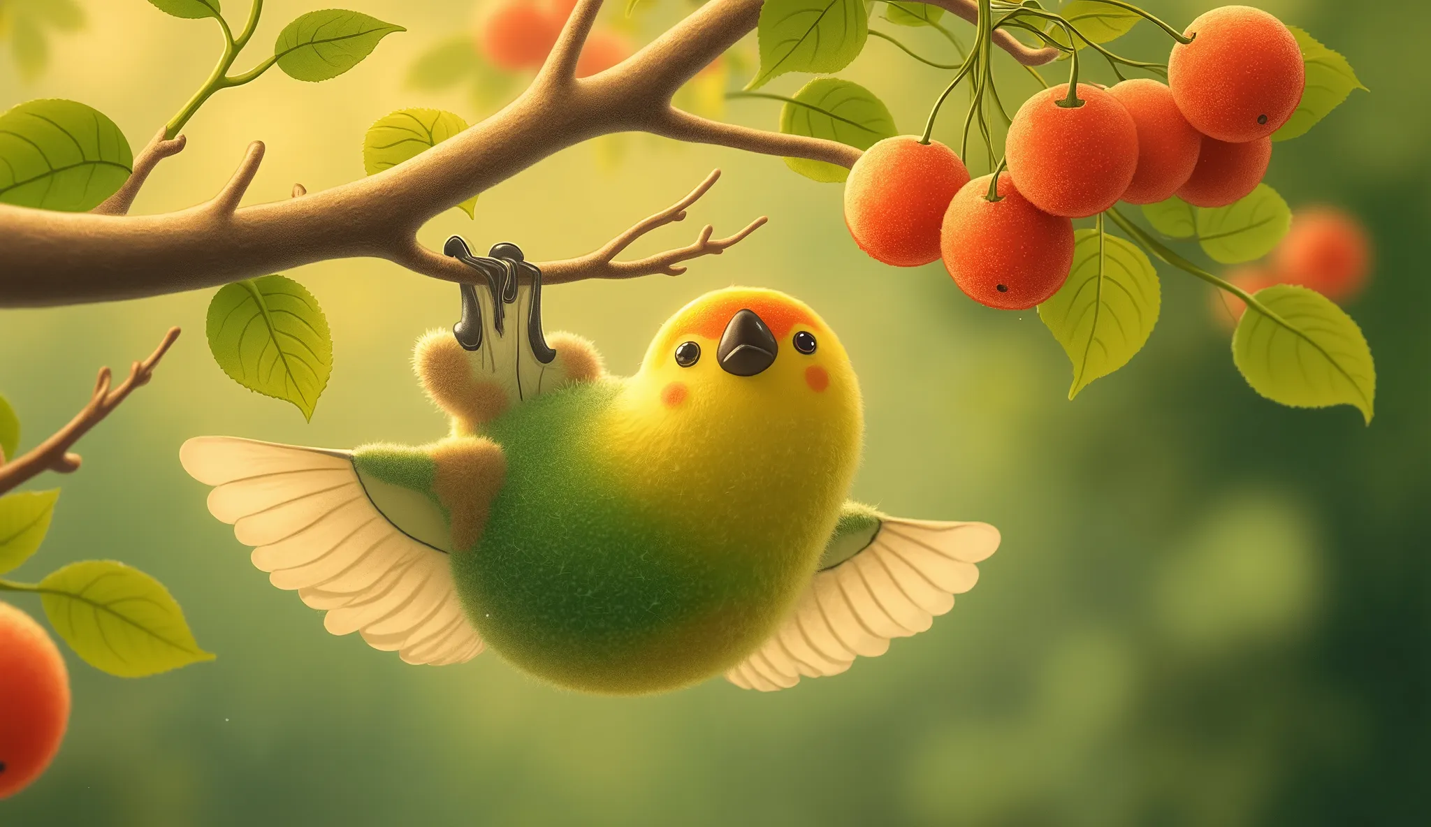 whimsical art style, The composition should feature a lively scene where a bird with striking green and yellow plumage is hanging upside down from a branch, surrounded by small, bright red fruits.  The background should be softly blurred, allowing the vivi...