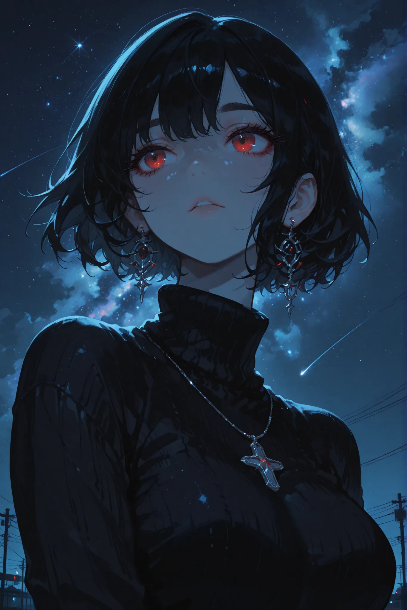 masterpiece, best quality, amazing quality, niji style, gothic style, hyper-detailed, newest, very aesthetic, 1girl, portrait, three-quarter view, short hair, black hair, thick eyebrows, red eyes, long eyelashes, turtleneck sweater, silver necklace, earrin...