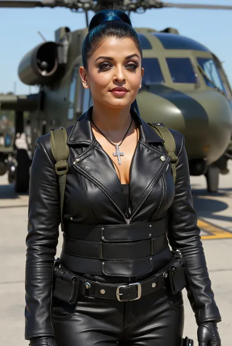 Full body photo of 50YO MATURE MILF AISHWARYA RAI as a SEXY ARMY MILF COMMANDO, WEARING FULL (((BLACK UNZIPPED LEATHER COMMANDO GEAR EXPOSING BIG BREASTS WITH MASSIVE CLEAVAGE AND MID RIFF))), ((((DARK SMOKY EYE MAKEUP WITH ARCHED EYEBROWS AND JESUS CROSS ...