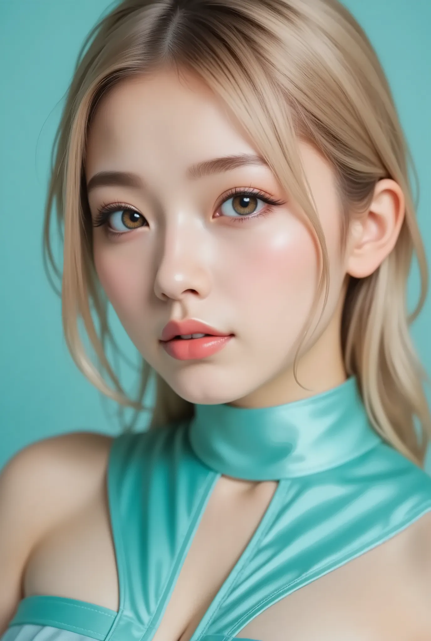 8k, masterpiece, High Quality, close-up , front,  blonde,  White Skin ,  neutral , seriously., Light Blue,  gray blue eyes,  light makeup ,  Turquoise, neck strap, Assembled Body, high neck, Ziggy Pattern , satin, , light  Turquoise,  solid , Complementary...