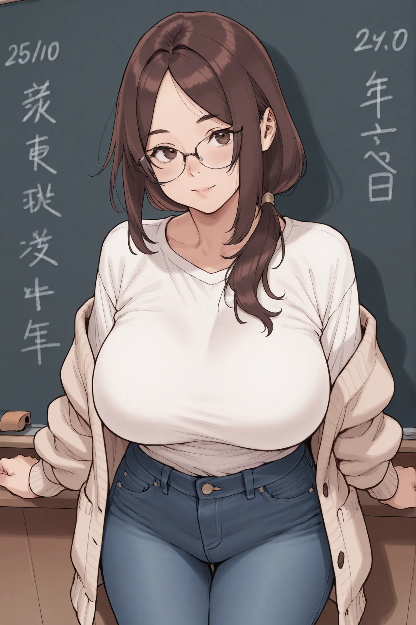 1 plumb girl, dark brown hair in a low ponytail, parted bangs, voluptuous, white shirt, beige cardigan, jeans, blackboard, glasses