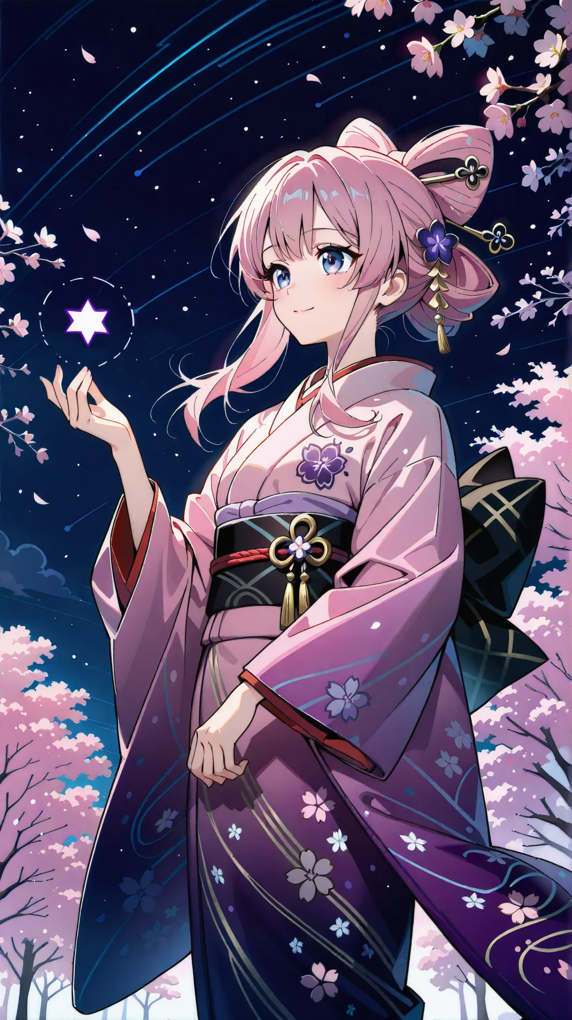 A female character wearing a traditional kimono with gold embroidery and cherry blossom patterns. The kimono is beautifully detailed, The character also wears a small cherry blossom-shaped hair accessory. The character's expression is calm and mysterious, ...