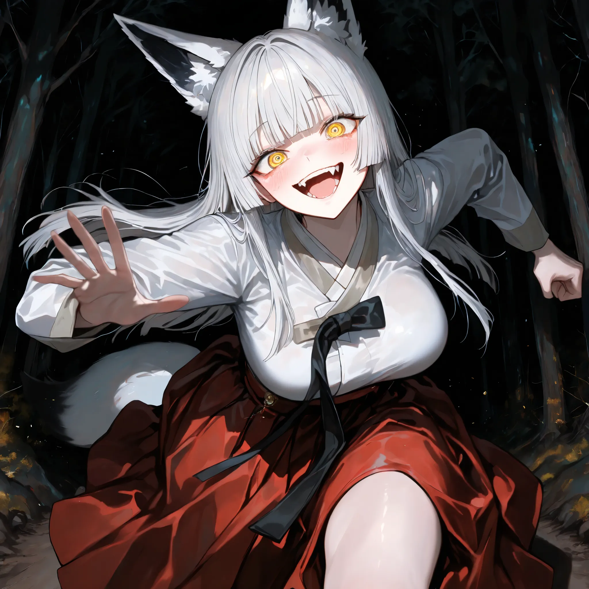 masterpiece, best quality, amazing quality, very aesthetic, high resolution, ultra-detailed, absurdres, newest, scenery, 
one fox girl, solo, (white fox ears), (white fox tail), (white hair), (yellow eyes), (blunt bangs), (hime cut), (long hair), (straight...