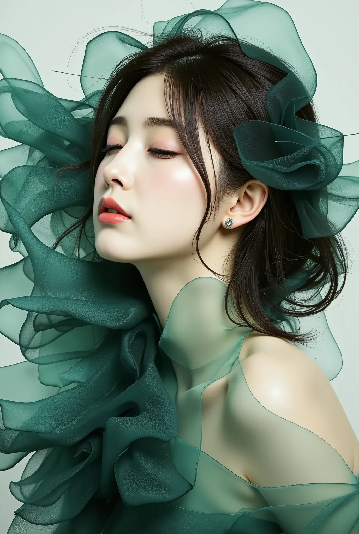 beautiful woman, eyes closed, black and green ink flow, 8k resolution, photorealistic masterpiece by Aaron Horkey and Jeremy Mann, intricately detailed fluid gouache painting by Jean Baptiste, professional photography, natural lighting, volumetric lighting...