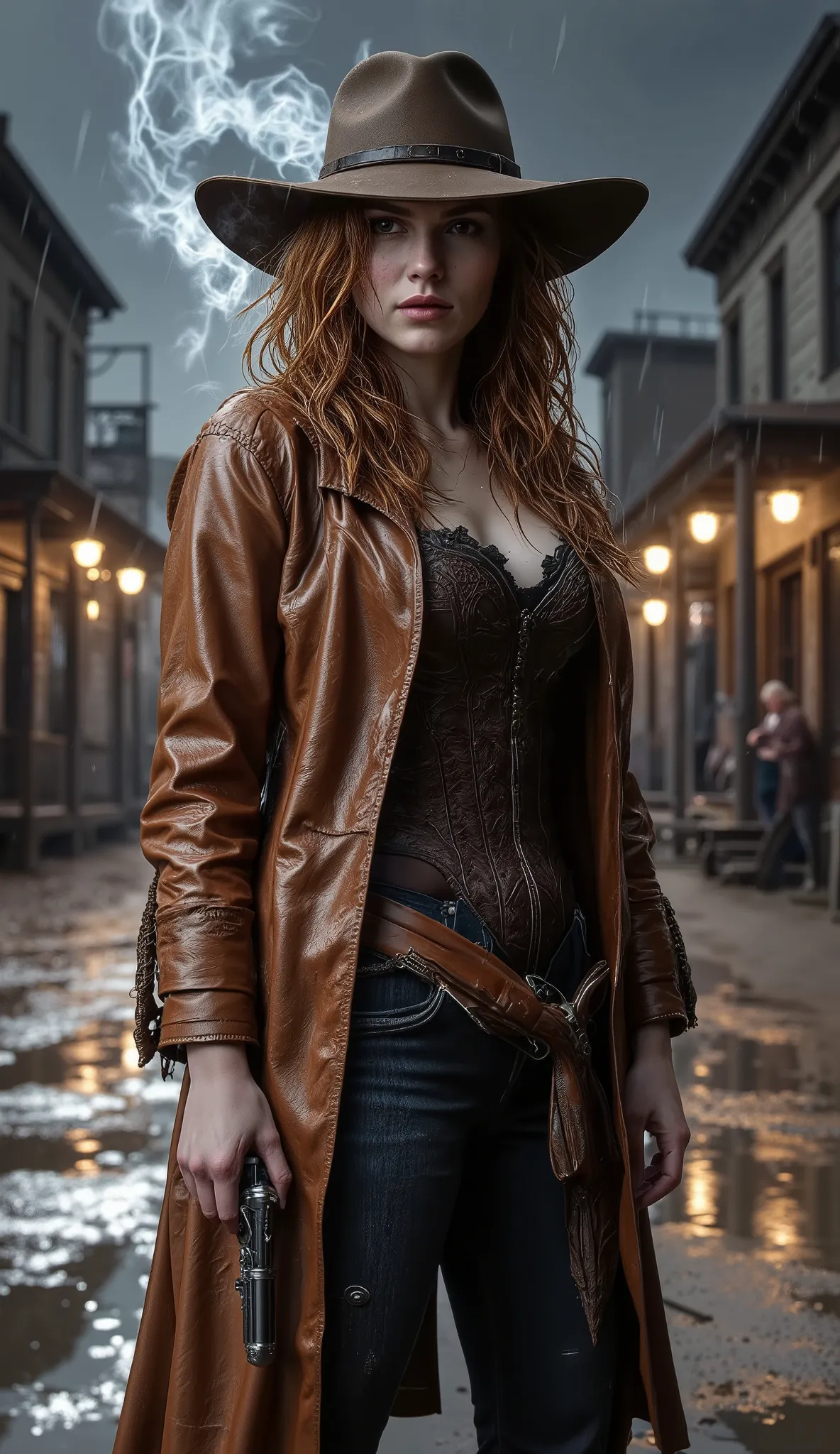 A hyperrealistic, cinematic medium shot of a female Western gunslinger, standing resolutely in the middle of a rain-soaked, decaying frontier town. The sky is shrouded in dark, heavy clouds, and rain pours relentlessly, bouncing off muddy ground and formin...