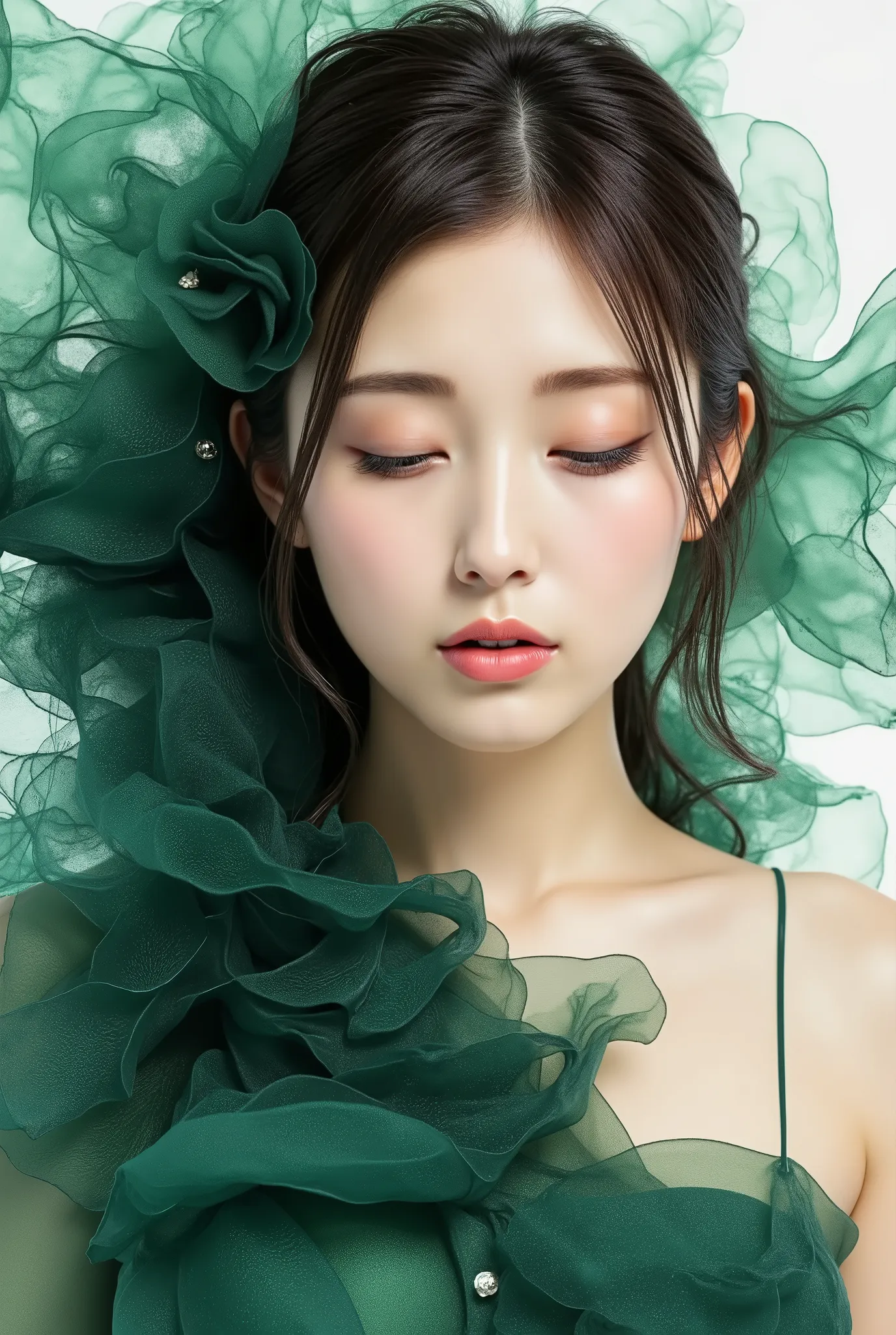 beautiful woman, eyes closed, black and green ink flow, 8k resolution, photorealistic masterpiece by Aaron Horkey and Jeremy Mann, intricately detailed fluid gouache painting by Jean Baptiste, professional photography, natural lighting, volumetric lighting...