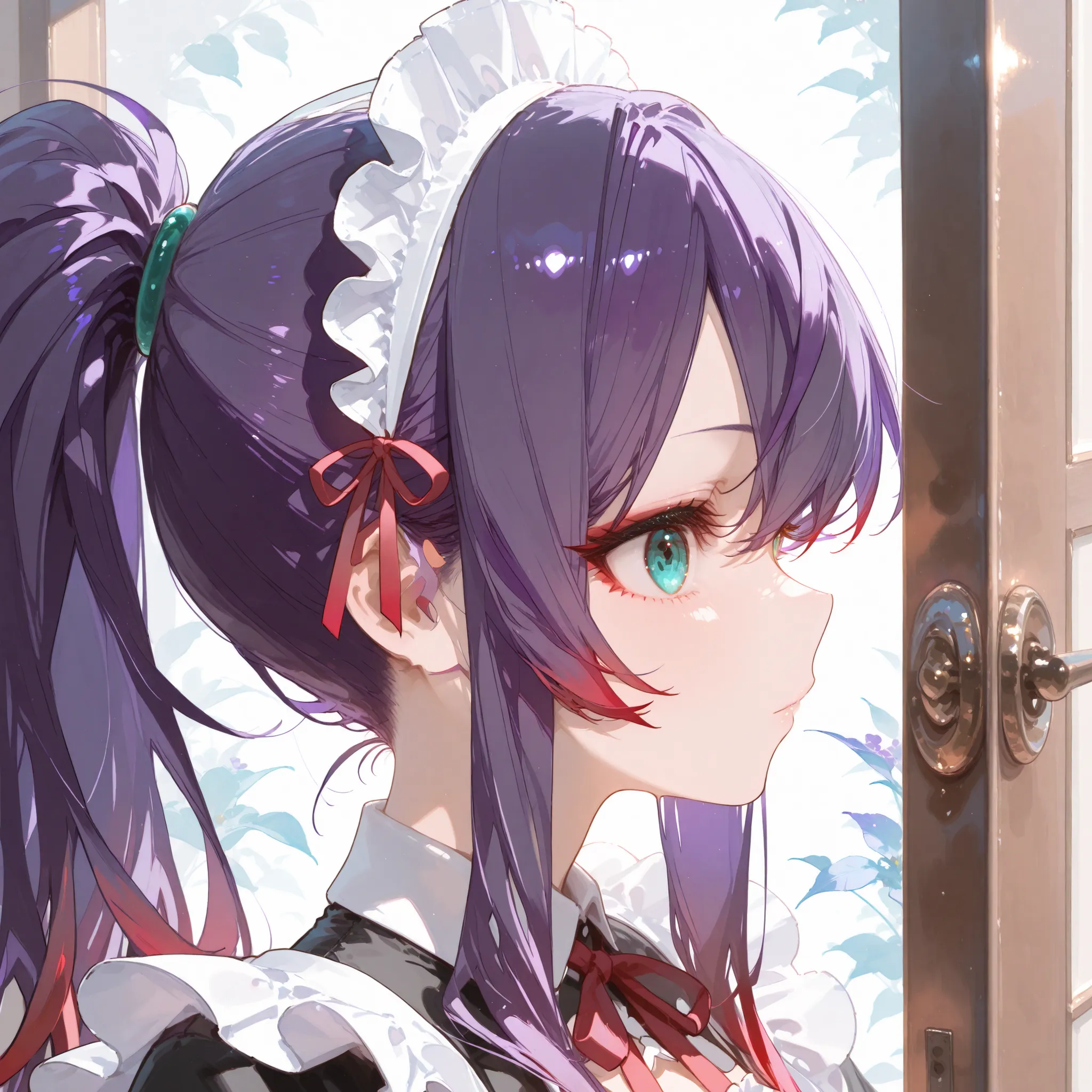 High Quality、one girl with arms、Maid Outfit、ponytail、purple hair behind closed doors、Red tips、profile、Lots of hair、 to close、jade eyes、plain background、There is no background