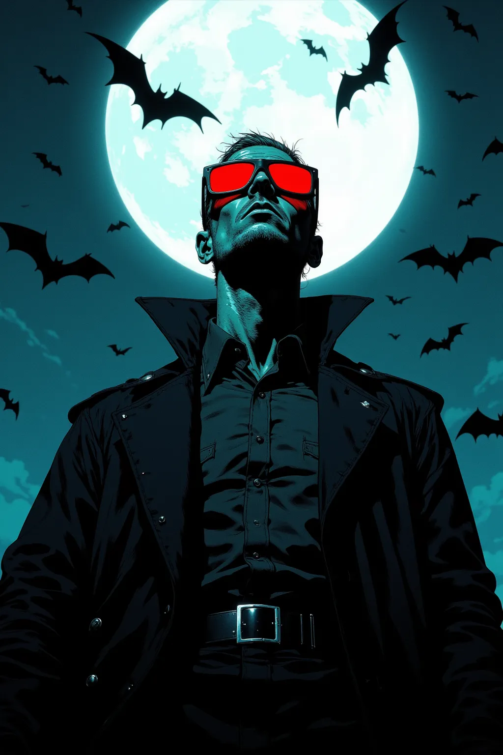 Tall Hall々man looks down dramatically under the brilliance of the big full moon,men wear sophisticated clothing,wears buttoned shirts,wears dark trench coats,Exudes mystery and authority,Determined Expression,sharp and highlighted rectangular black sunglasses,The sunglasses have eerily red eyes under the moonlight,adding supernatural vibes to the characters,the silhouette of bats around him against the moonlit sky,The winged shape of a bat creates dynamic movement and the、Enhances gothic atmosphere,The colors are deep black and deep black Cool bluish color,sharp contrast between the big moon and sunglasses,Enhances visual intensity,Simple and powerful composition,Composition looking up at people from the ground,Mysterious otherworldly atmosphere, classic comics depictions of nocturnal vigilantes,With glowing red eyes, Eerie and stylish, vampire,, He's Extremely Threatening and Evil, 男性のvampire
