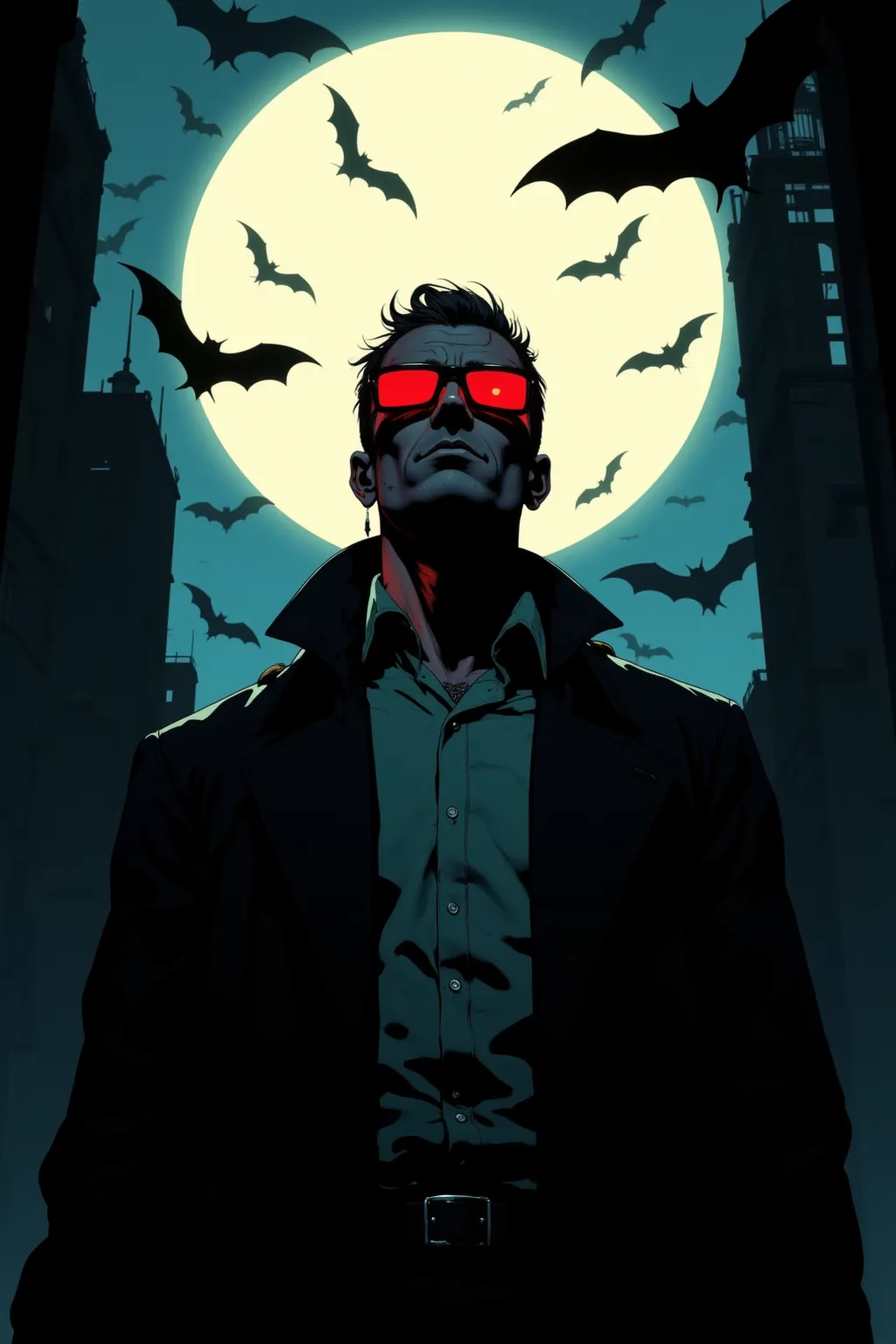 Tall Hall々man looks down dramatically under the brilliance of the big full moon,men wear sophisticated clothing,wears buttoned shirts,wears dark trench coats,Exudes mystery and authority,Determined Expression,sharp and highlighted rectangular black sunglasses,The sunglasses have eerily red eyes under the moonlight,adding supernatural vibes to the characters,the silhouette of bats around him against the moonlit sky,The winged shape of a bat creates dynamic movement and the、Enhances gothic atmosphere,The colors are deep black and deep black Cool bluish color,sharp contrast between the big moon and sunglasses,Enhances visual intensity,Simple and powerful composition,Composition looking up at people from the ground,Mysterious otherworldly atmosphere, classic comics depictions of nocturnal vigilantes,With glowing red eyes, Eerie and stylish, vampire,, He's Extremely Threatening and Evil, 男性のvampire
