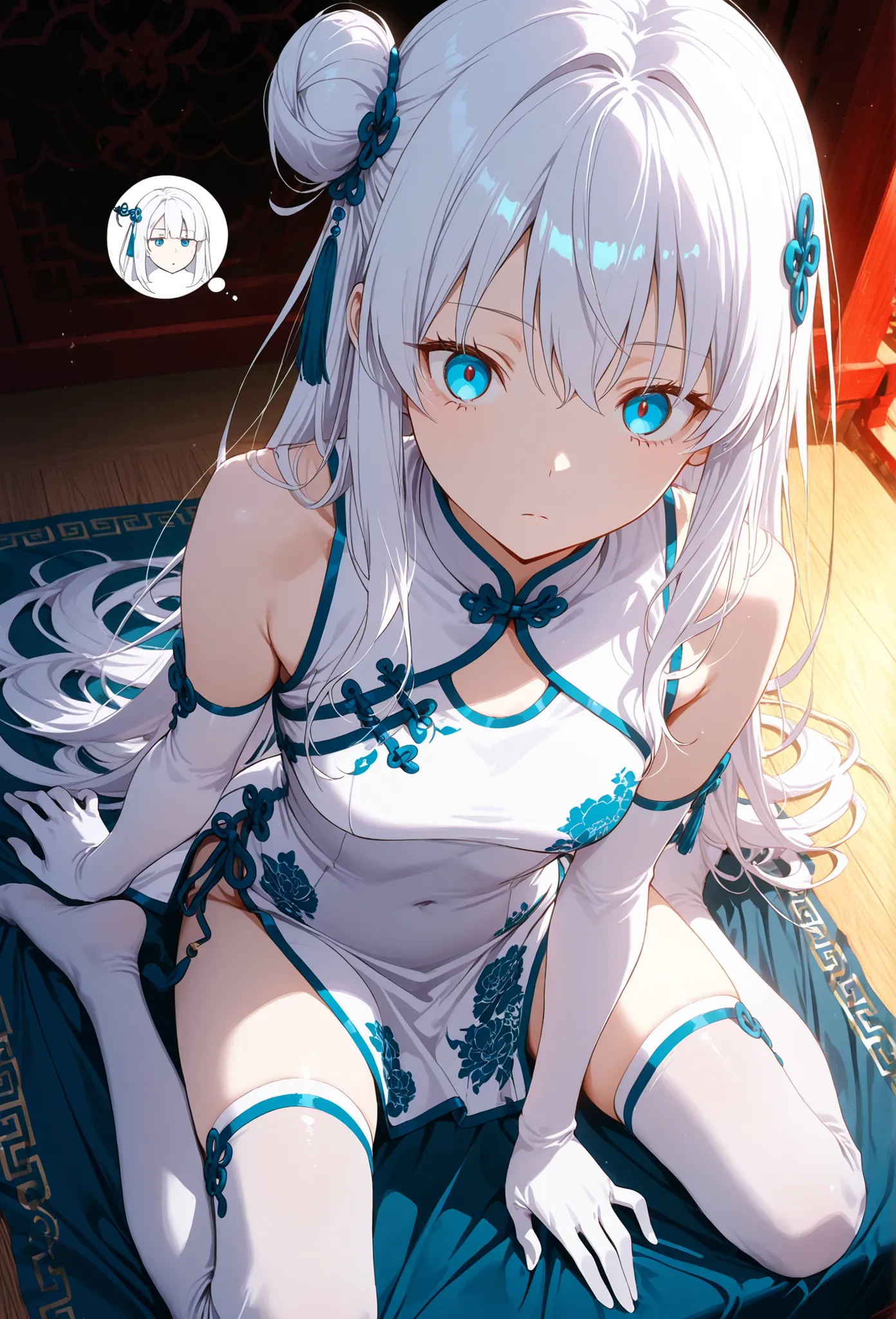 re:pandora, white hair , blue eyes, emotionless expression, surprised expression bubble , hair accessory, black chinese outfit, with high slits, white arm length gloves, thigh-high socks, sitting pose, hand resting on fabric, sleeveless , soft lighting, el...