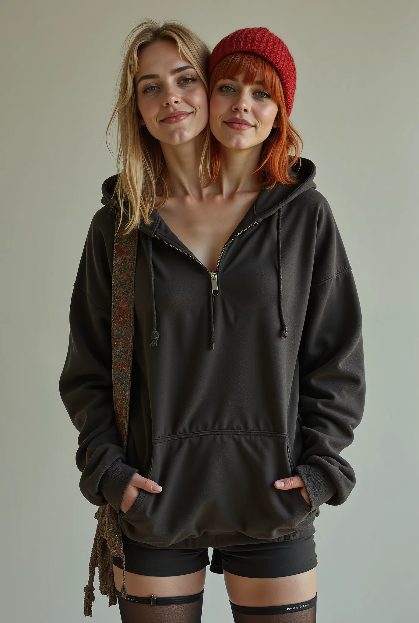 Two-headed kristen stewart, full body, light makeup, one head with long blonde hair, one head with pixie cut red hair, one head wearing a beanie, (pixie cut), woman, smiling, wearing oversized hoodie, short yoga shorts, tights, tomboy, roughed up, musician...