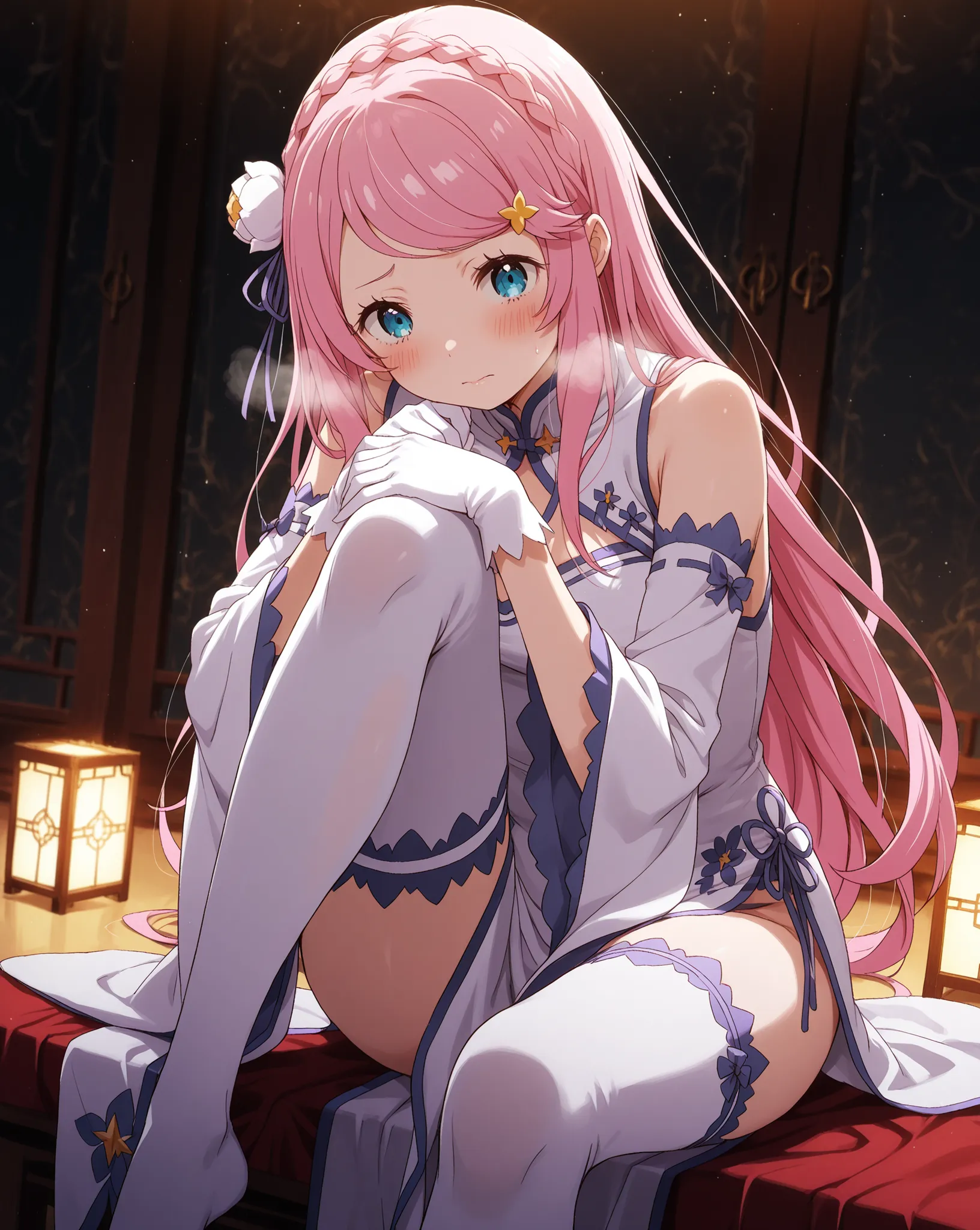 Re:Anastasia Hoshin from Zero, very embarrassed, the face is reddened, deep breathing, brightly lit light display, chinese outfit in black with white pattern, with high slits, white arm length gloves, thigh-high socks , above the knee white socks, sitting ...