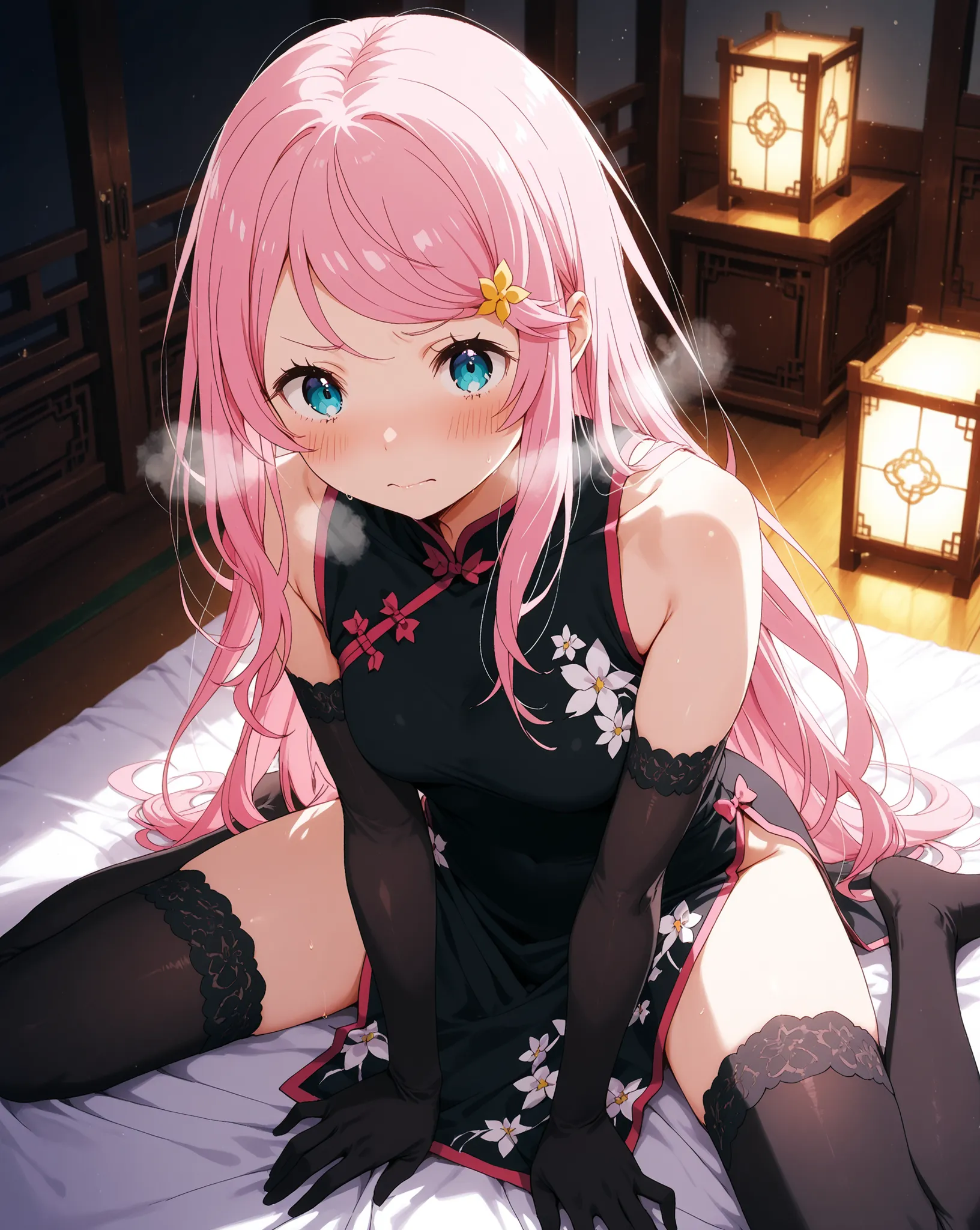 Re:Anastasia Hoshin from Zero, very embarrassed, the face is reddened, deep breathing, brightly lit light display, chinese suit in black, with high slits, black arm length gloves, black thigh-high socks , black over-the-knee socks, sitting pose, hand resti...