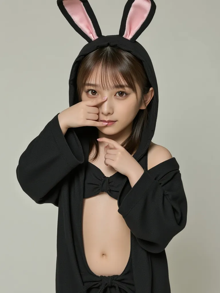 Yoda_Yuuki ,Height: 153cm,realistic,real photo,masterpiece, best quality,high resolution,  volumetric lighting,bangs,(Big Breasts:1.3),Slim, Low Twintails, 1girl, solo,masterpiece, ultra-detailed, real, a cute girl, idol, young entertainer, beautiful eyes, white-skinned, large breast, slim, slender, ashamed, blush,(Highly Exposed Black Rabbit Cosplay:1.5)
