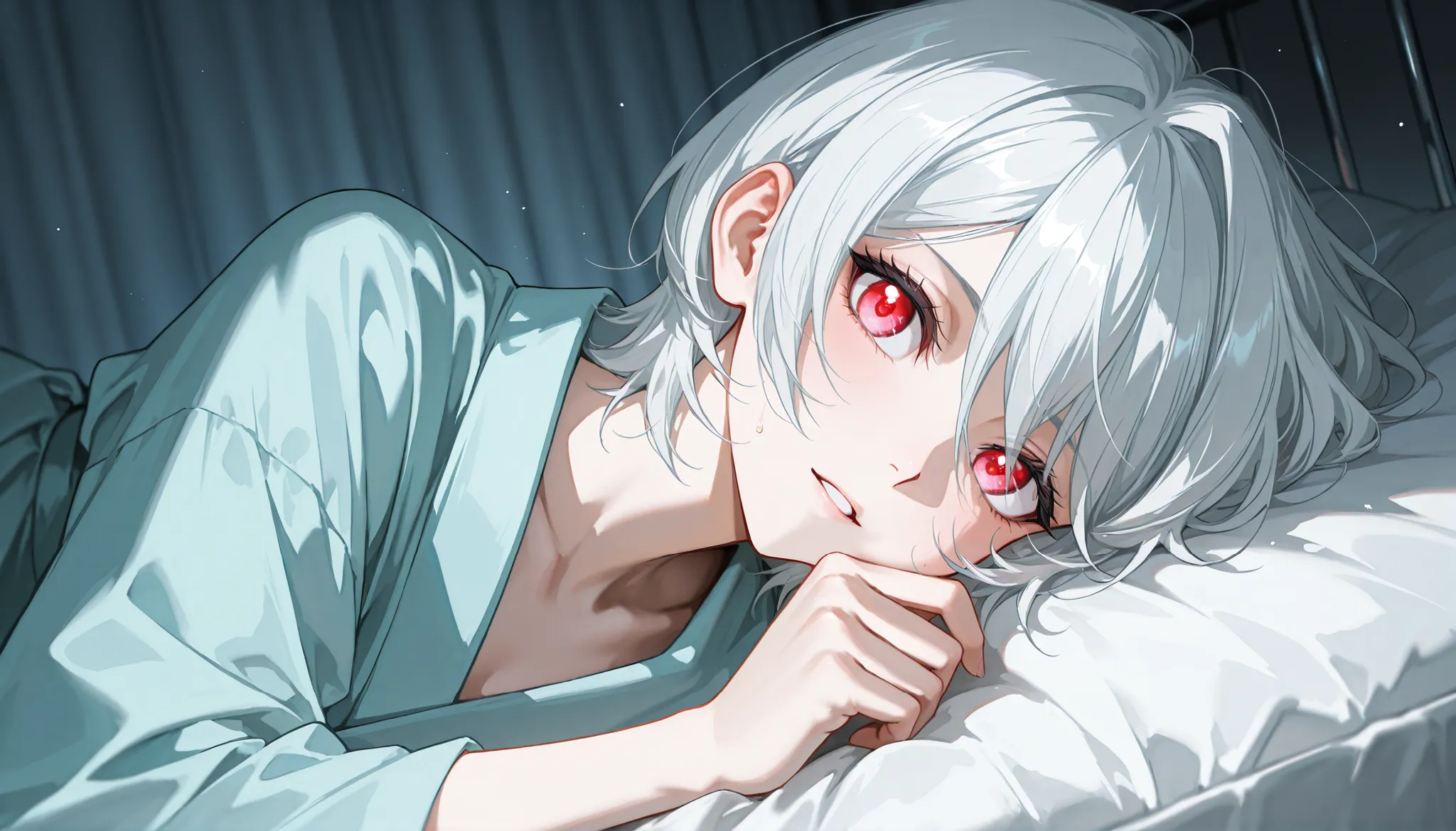 A close-up of a pale girl with long silver hair and glowing red eyes, lying on a messy bed in a dimly lit room. Her eyes are open but unfocused, tear streaks visible on her cheeks. She wears a hospital gown and is connected to a silent heart monitor. Soft ...