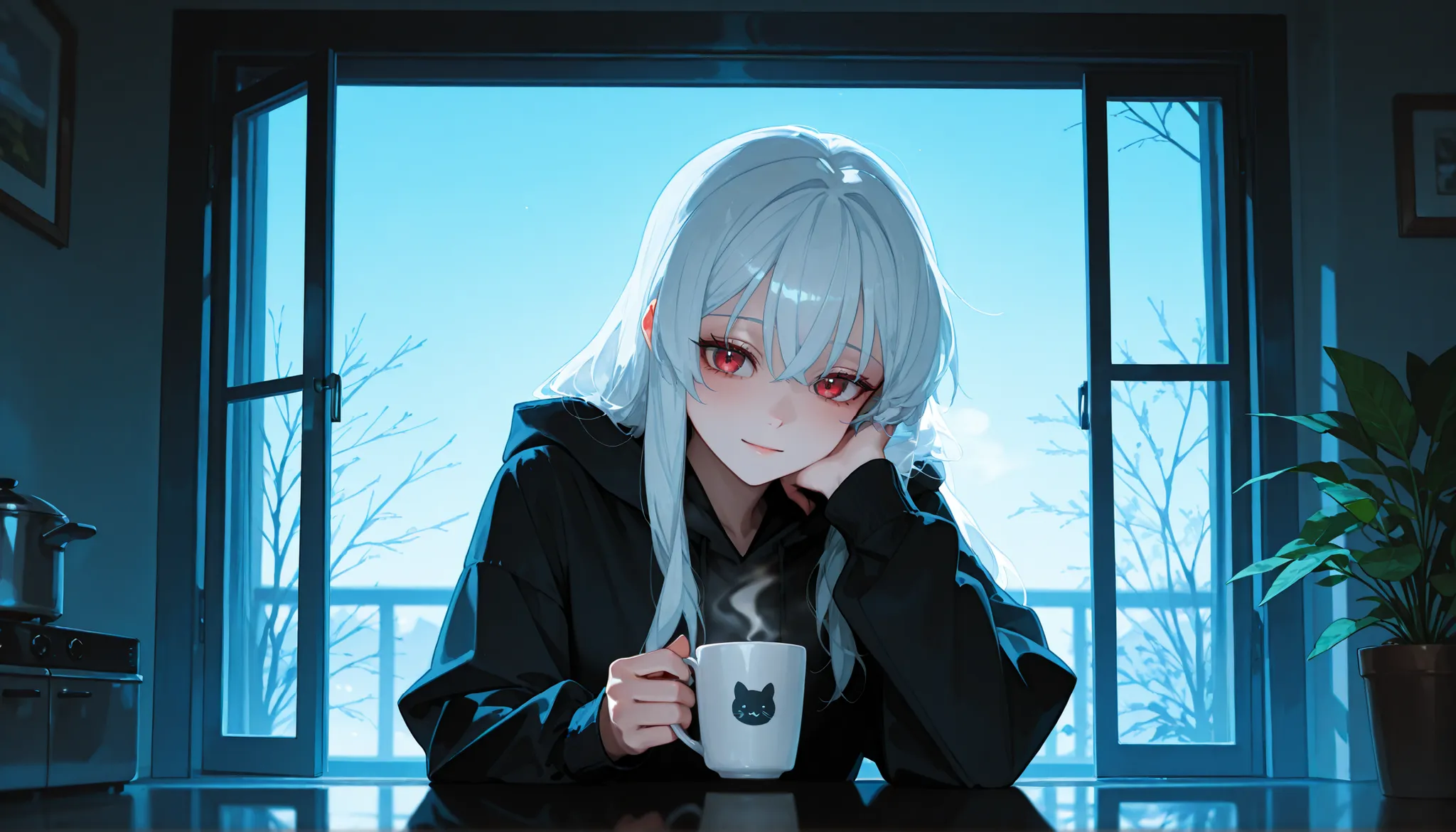 A girl with long silver hair and red eyes stands alone in a small, cluttered kitchen at dawn, holding a cup of untouched coffee. Her expression is empty and distant. The kitchen bears signs of isolation—faded family photos, wilted plants, cold lighting. Th...