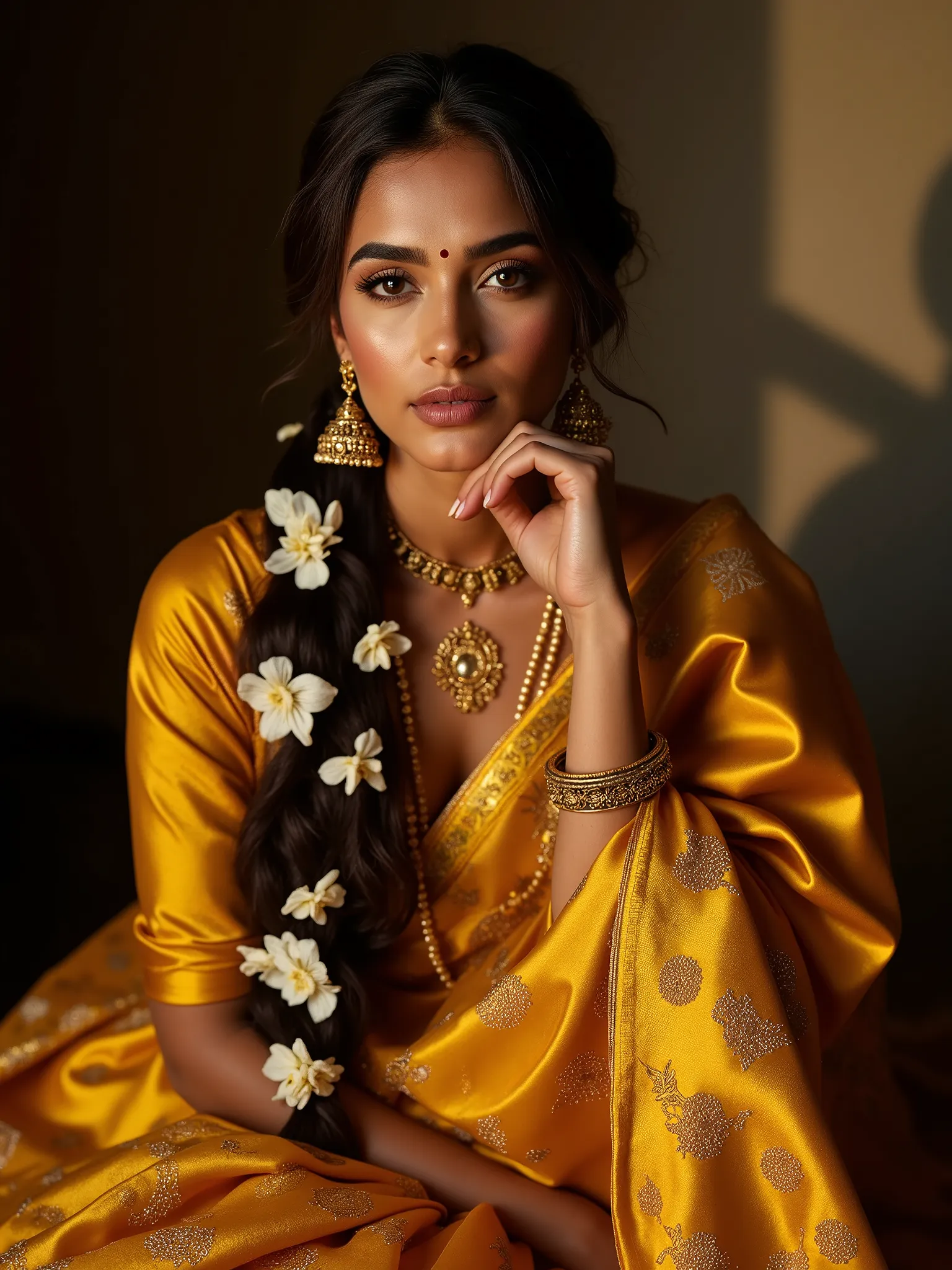 A stunning professional portrait of an Indian woman seated gracefully, captured in low-key cinematic lighting that creates deep shadows and a moody, dramatic atmosphere. She is dressed in a lustrous mustard-yellow silk saree, featuring delicate zari embroi...