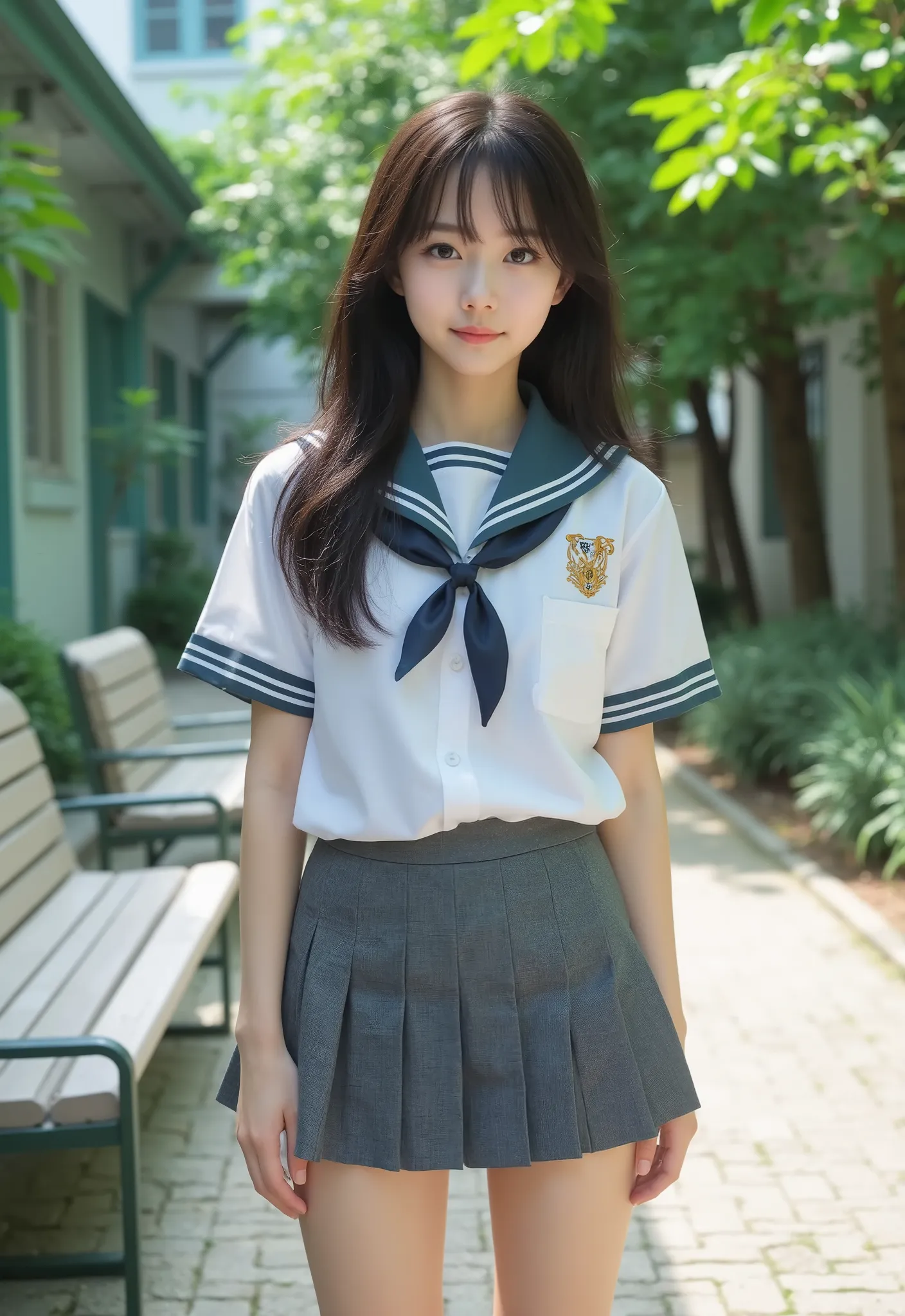 standing in the school yard 、Thin fingers、Japanese high school students、uniform、miniskirt、cute face、 long hairstyle due to things、is smiling、we see our white underwear、full body image