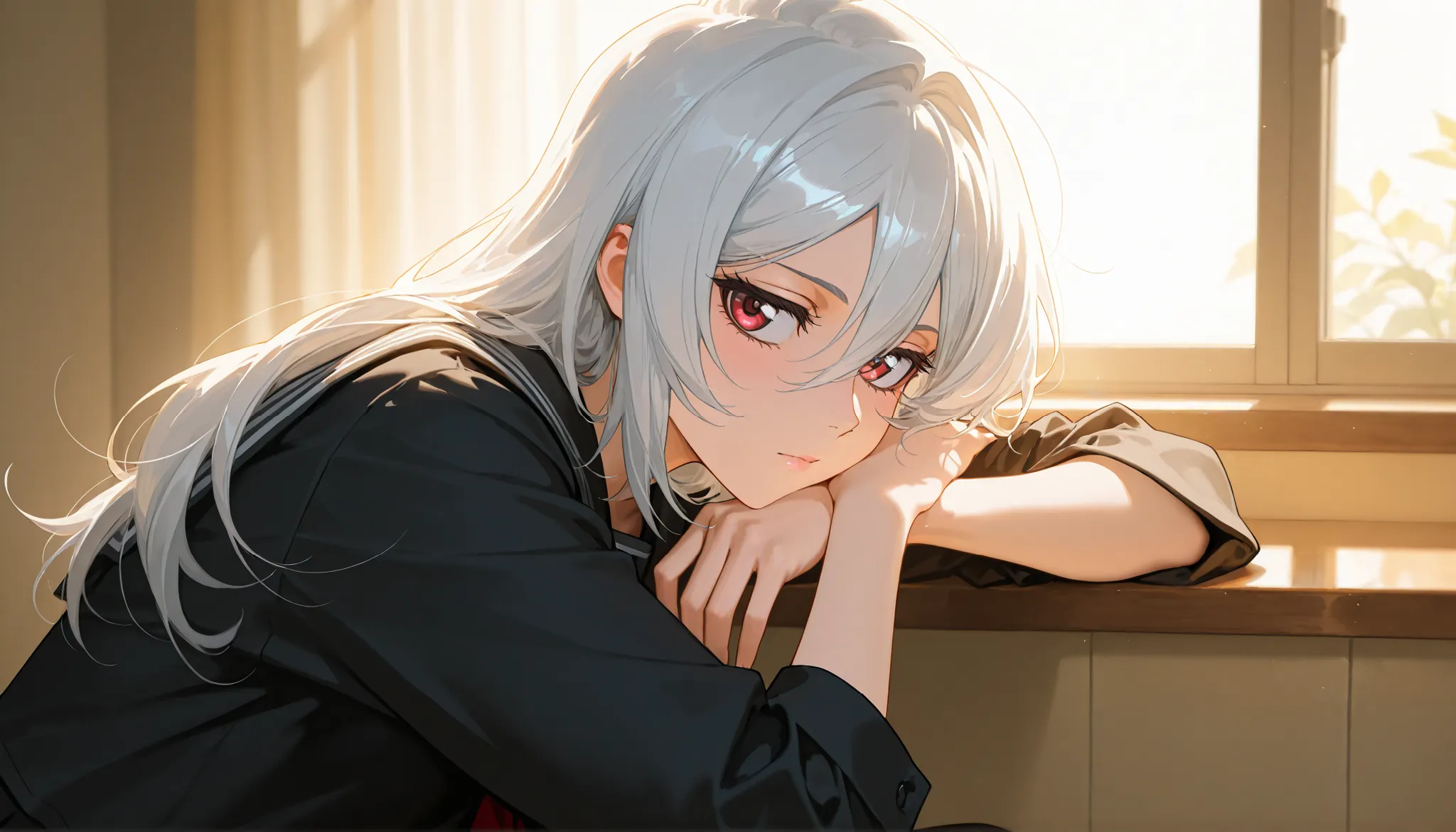 Morning light softly enters a small room. Rukia sits by the window, long silver hair catching the sunrise glow, red eyes thoughtful as she writes in a journal. Behind her, the faint ghost-like figures of Lilina and Alice gently appear, watching over her. W...