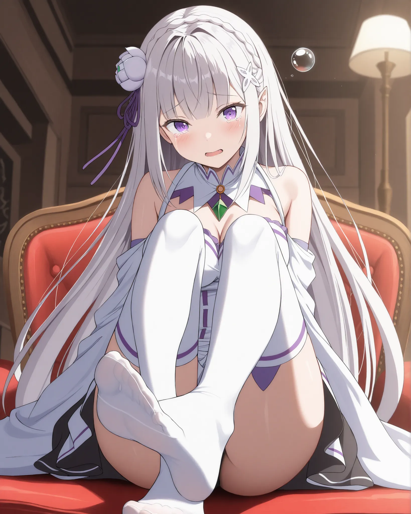   masterpiece, excellent quality, best quality, is absolutely glamorous, ridiculous results, high resolution, en yeni,  Inside,  1girl, (Head down view as), re:Emilia, sitting in a seductive pose from head to bottom, sits in the foreground showing her sexy...