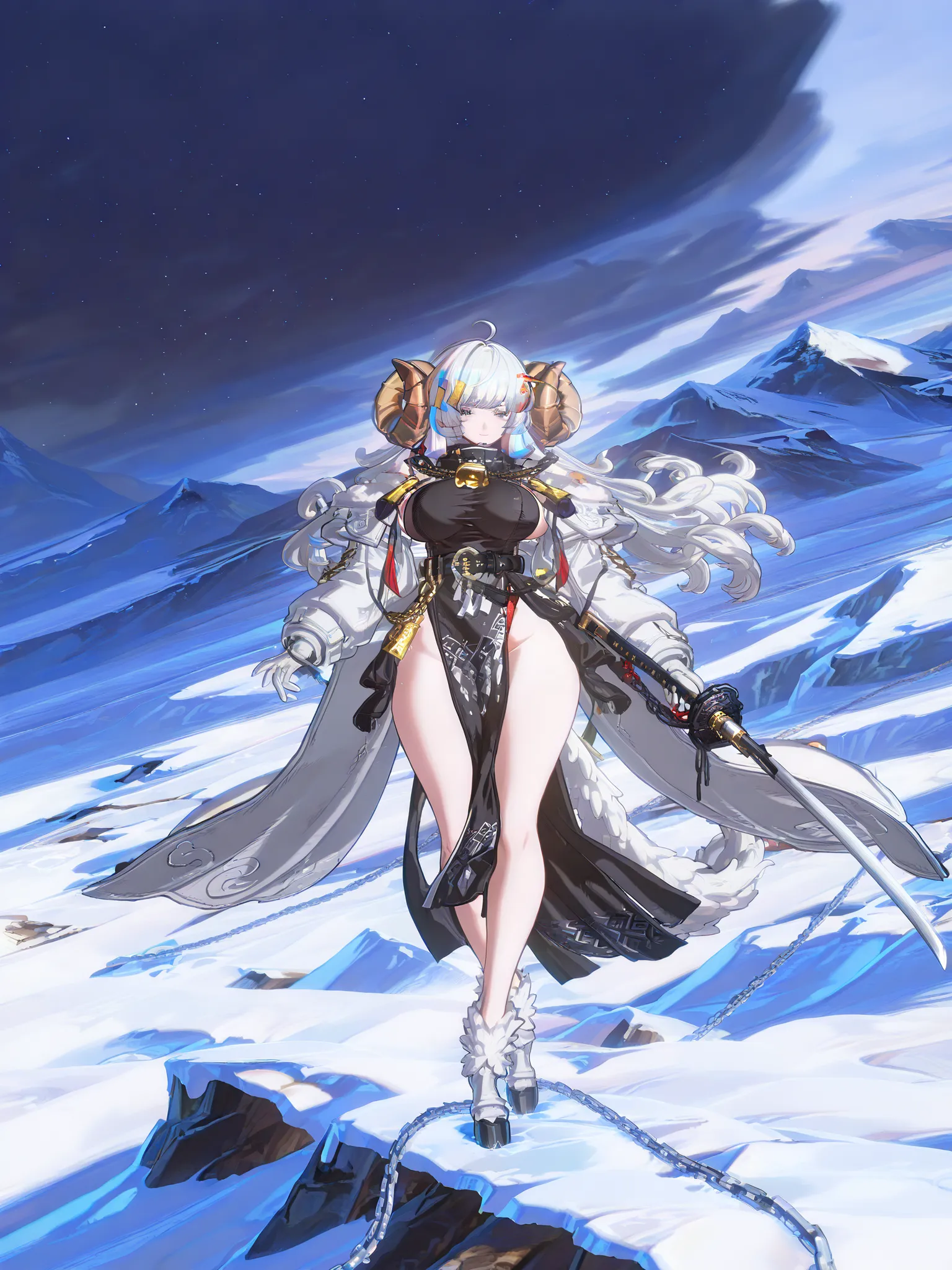 woman, sheep anthromorph, ram beast, white coat of cotton, blue talisman on her ram horns, puppy down ears, snowy mountain, large breasts, fullbody, slean model body, long legs, long cape, cute pelvic curtain dress, cute chain belt on her waist, holographi...