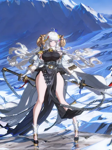 woman, sheep anthromorph, ram beast, white coat of cotton, blue talisman on her ram horns, puppy down ears, snowy mountain, large breasts, fullbody, slean model body, long legs, long cape, cute pelvic curtain dress, cute chain belt on her waist, holographi...