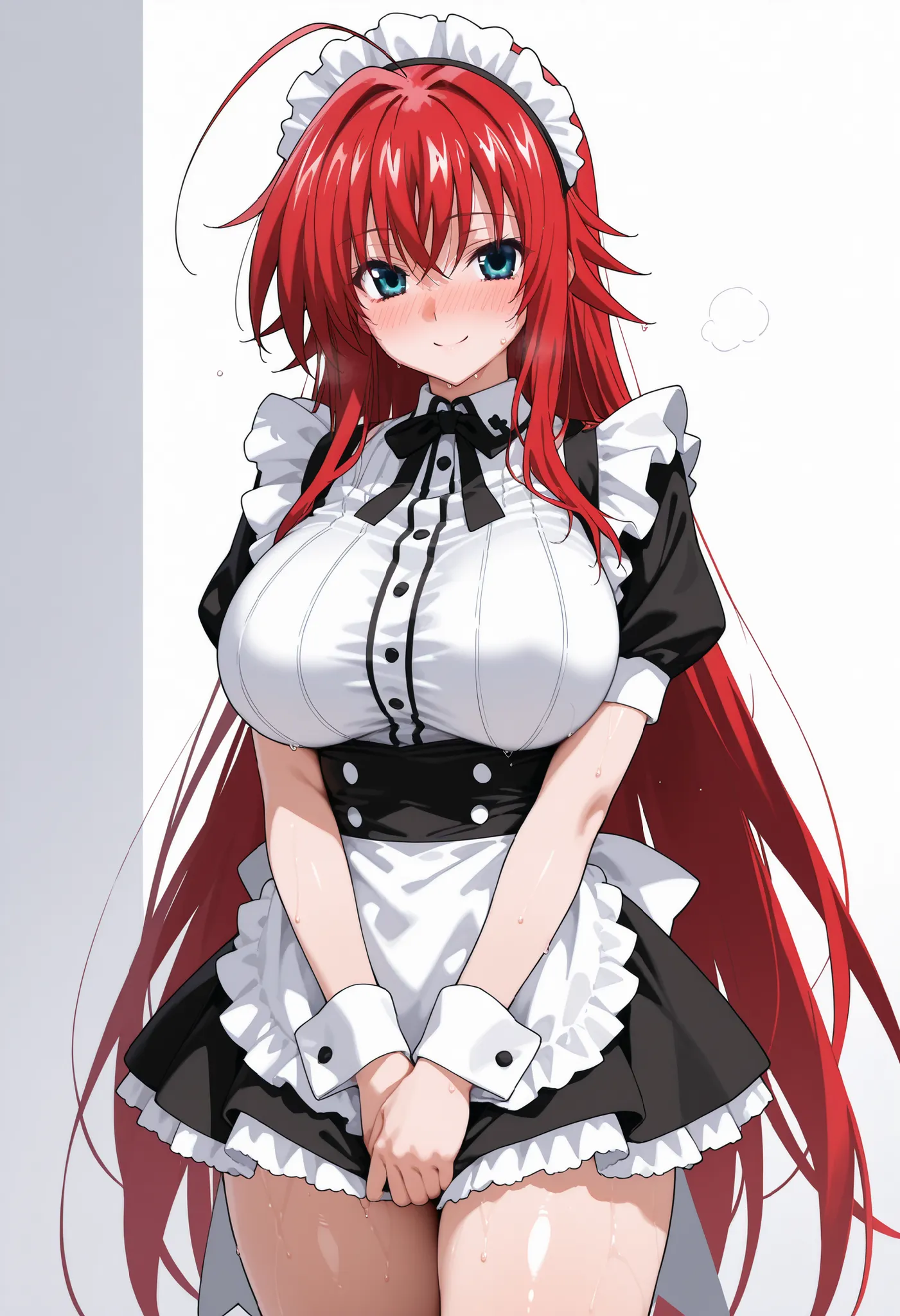 (masterpiece), Anime Style,solo,alone,only 1 girl,Rias Gremory standing,     wearing a classic French maid outfit with black and white frills, large bust and slim waist, standing with hands together in front of her, confident and slightly mischievous smile...